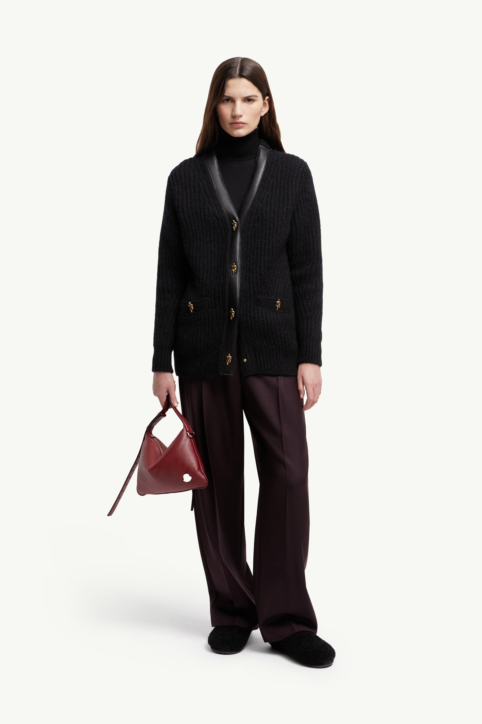 Moncler Leather-Trimmed Wool & Mohair Padded Cardigan Black Black