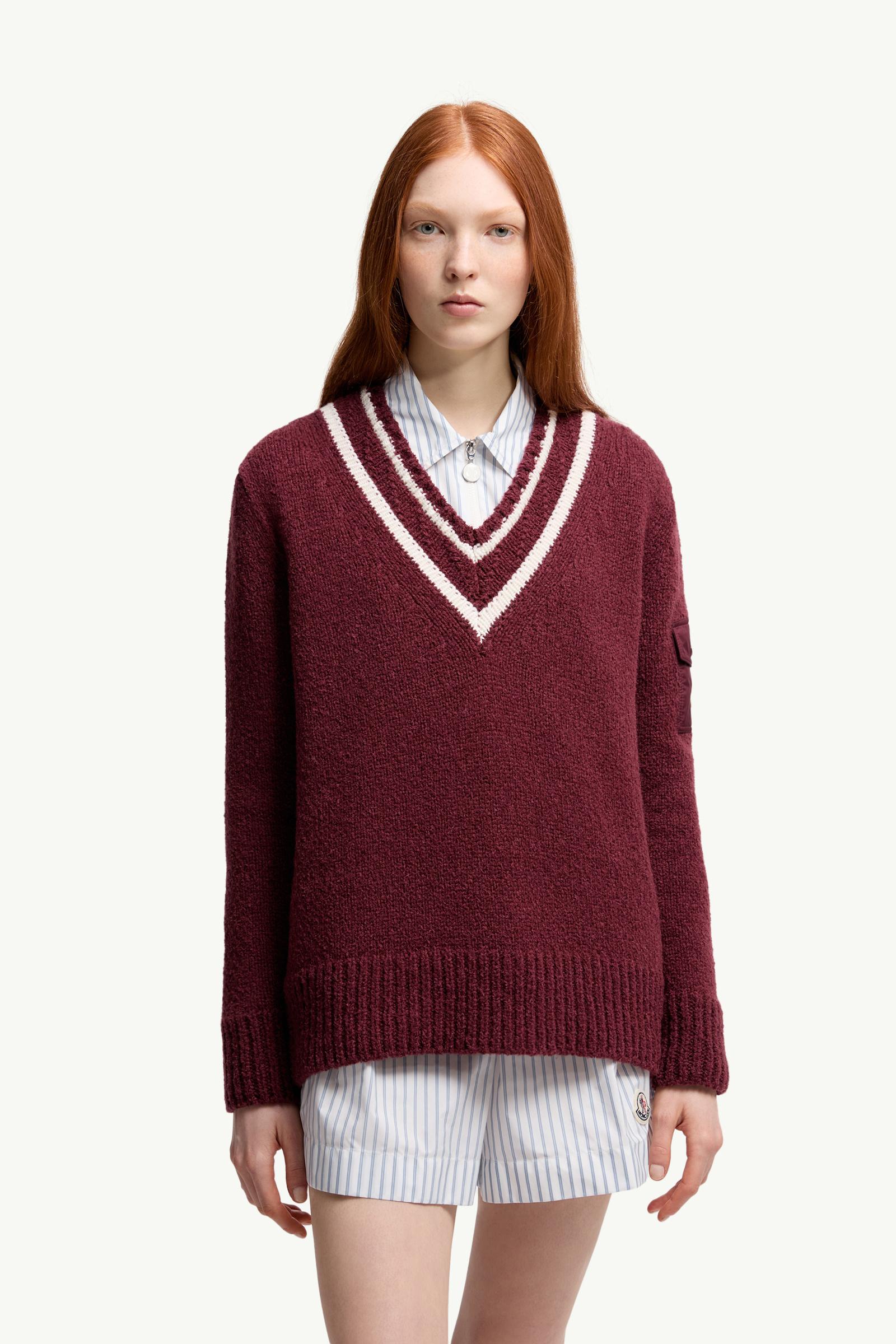 Moncler Padded V-Neck Cotton & Wool Blend Sweater Burgundy Burgundy
