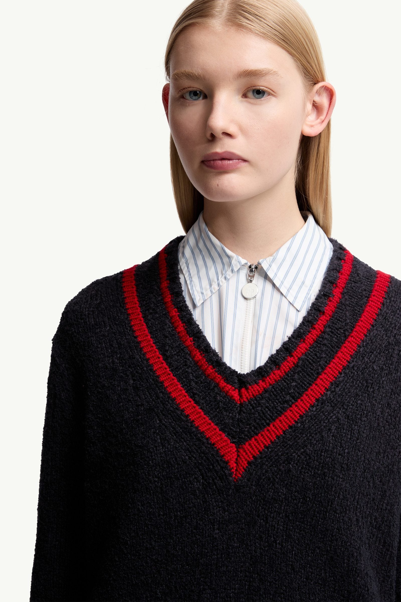 Moncler Padded V-Neck Cotton & Wool Blend Sweater Navy Blue Navy Blue
