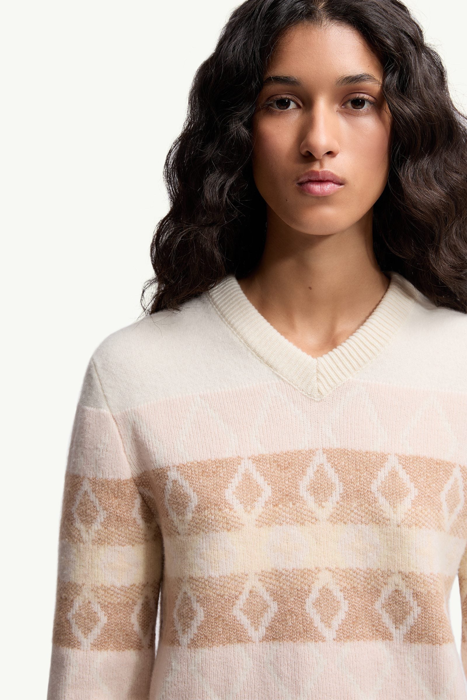 Moncler Wool Jacquard V-Neck Sweater White & Pink White & Pink