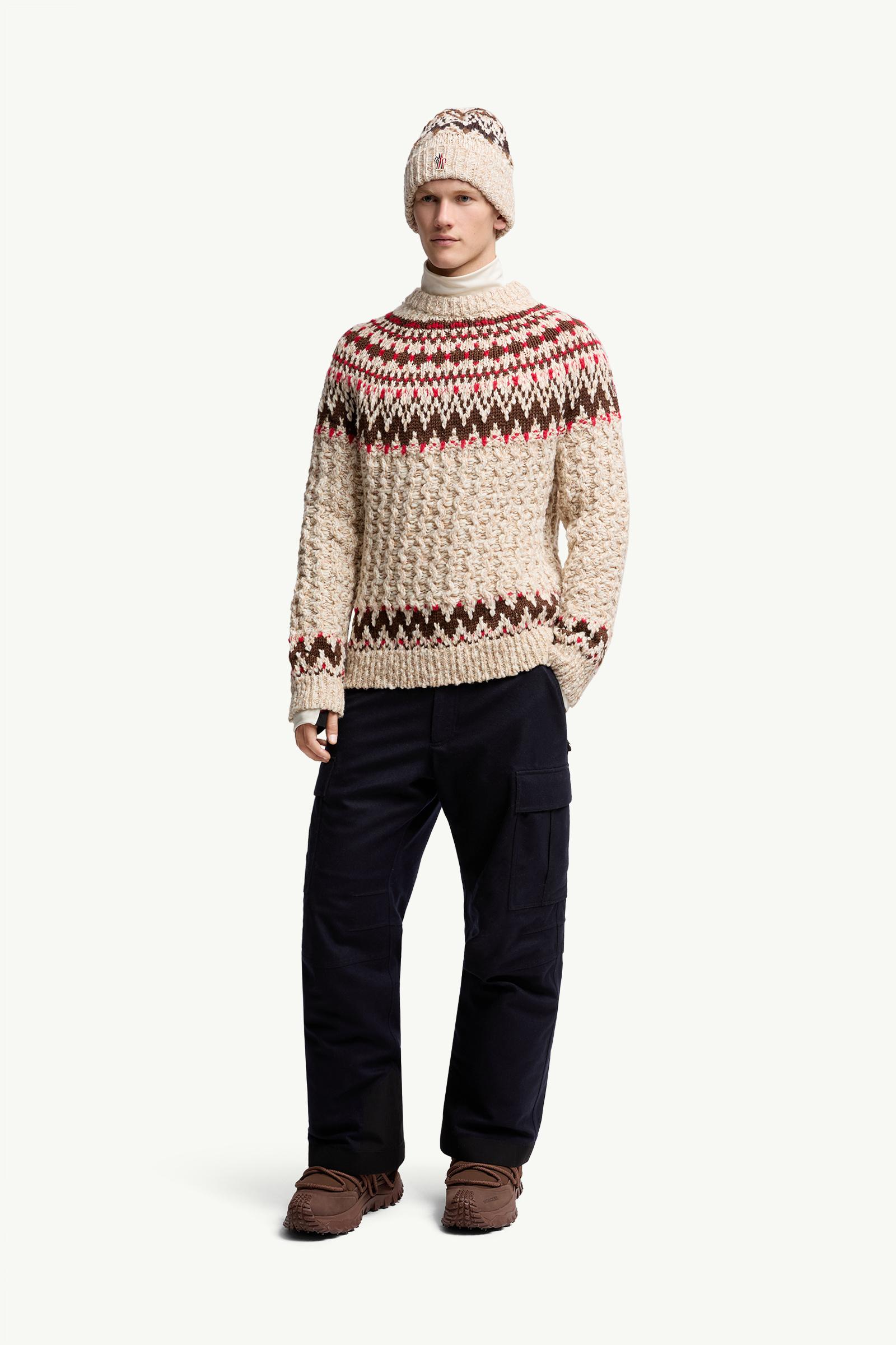Moncler Geometric Jacquard Wool Sweater Camel Beige & Red Camel Beige & Red