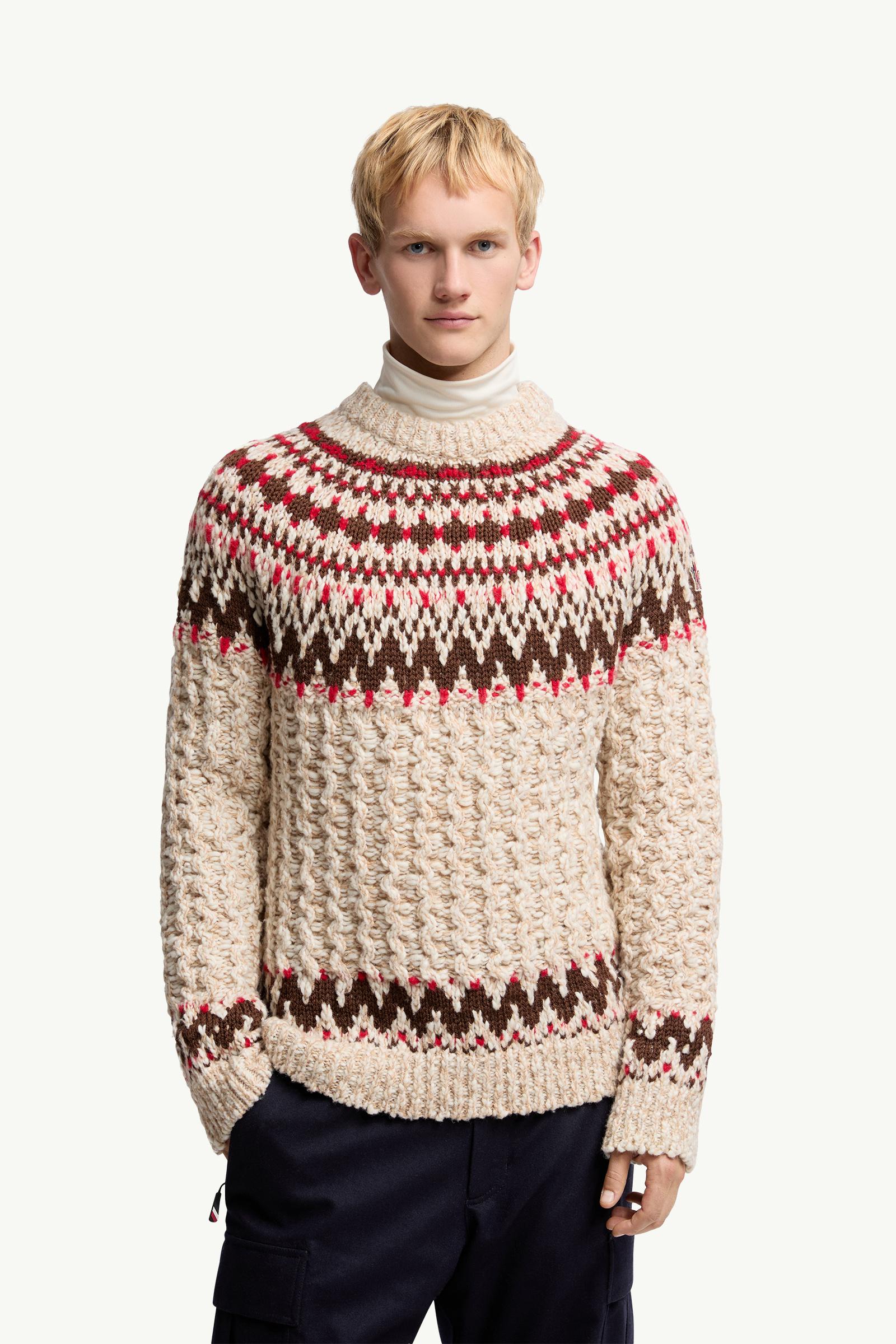 Moncler Geometric Jacquard Wool Sweater Camel Beige & Red Camel Beige & Red