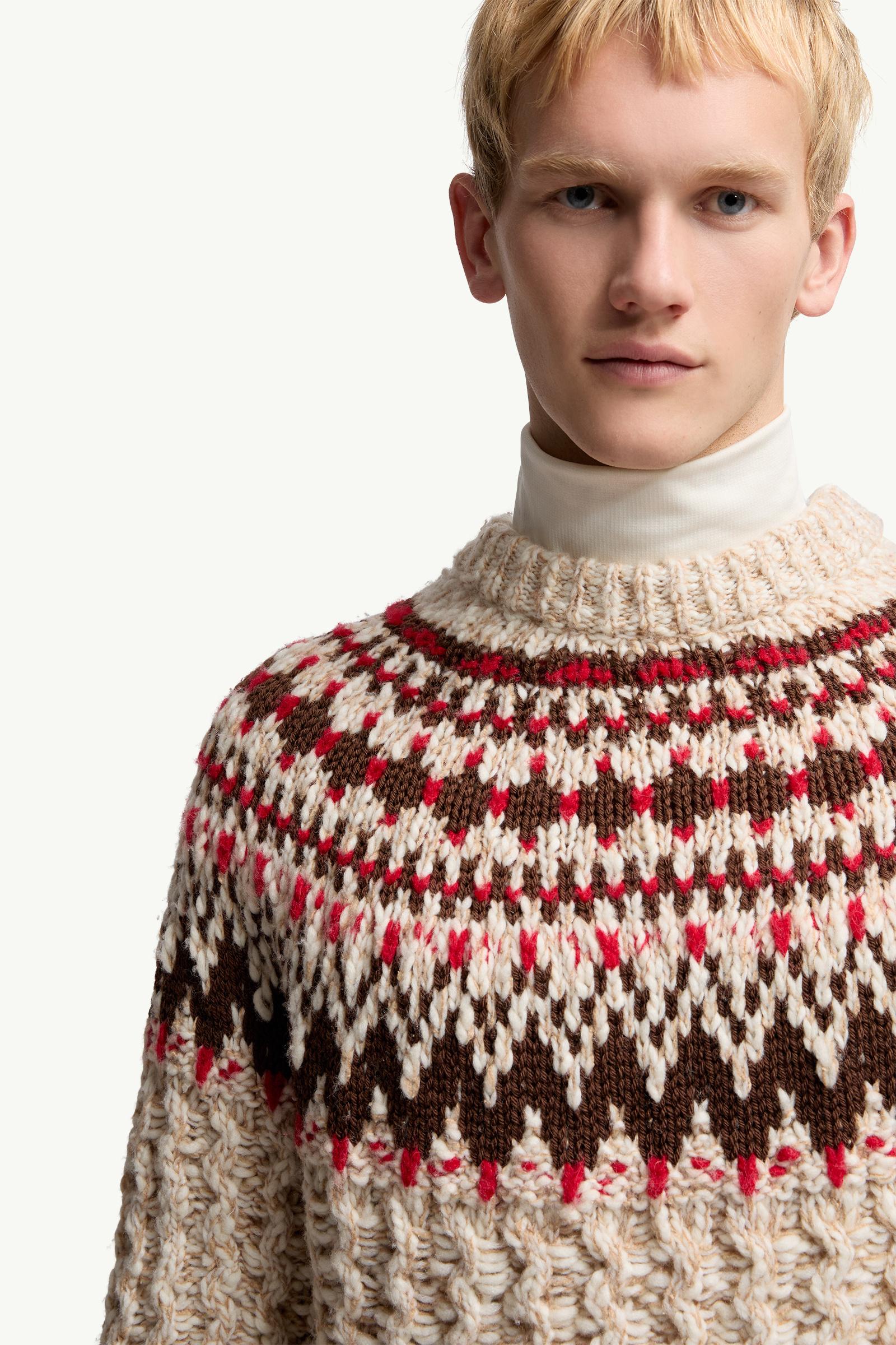 Moncler Geometric Jacquard Wool Sweater Camel Beige & Red Camel Beige & Red