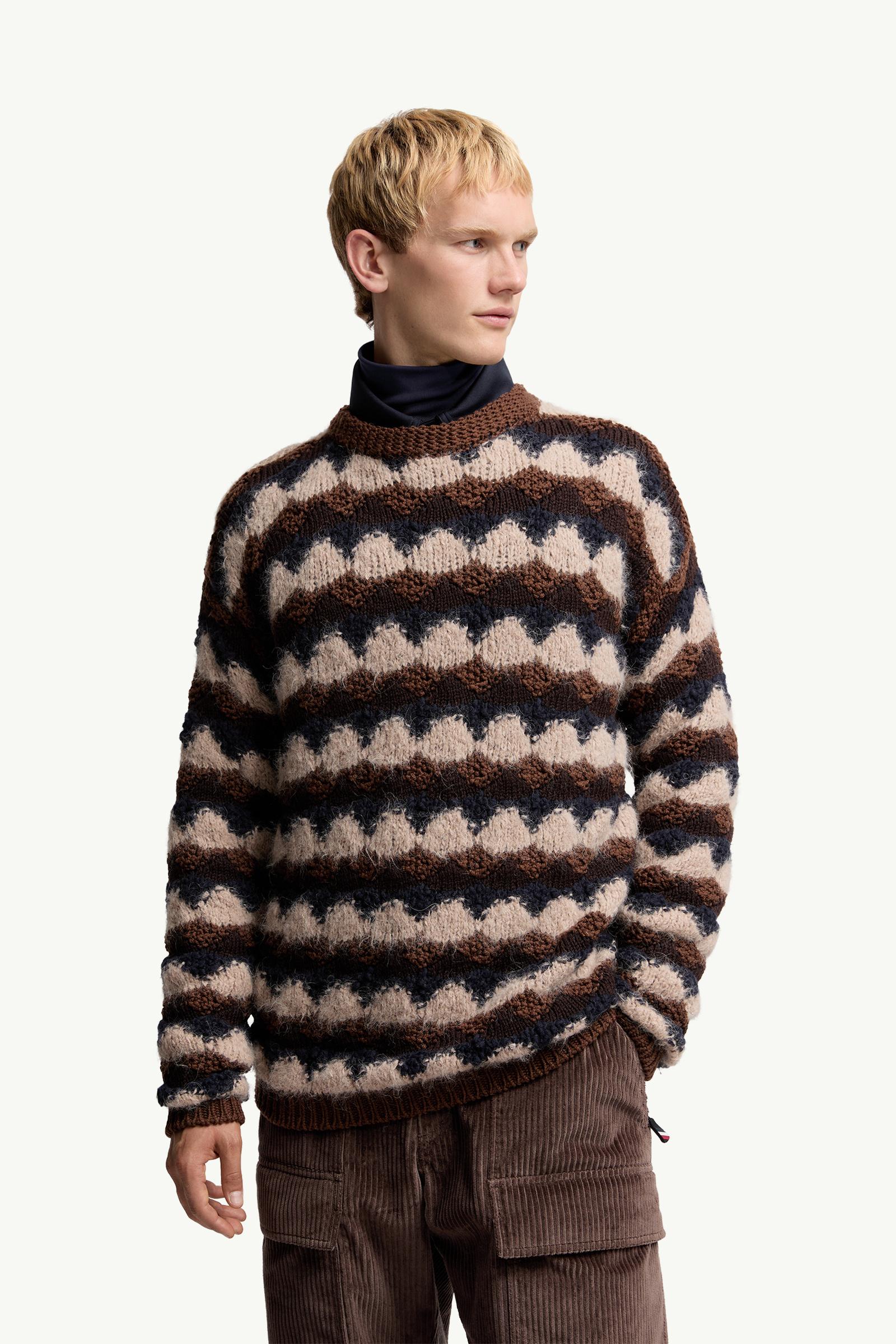 Moncler Geometric Jacquard Wool Blend Sweater Blue & Brown Blue & Brown