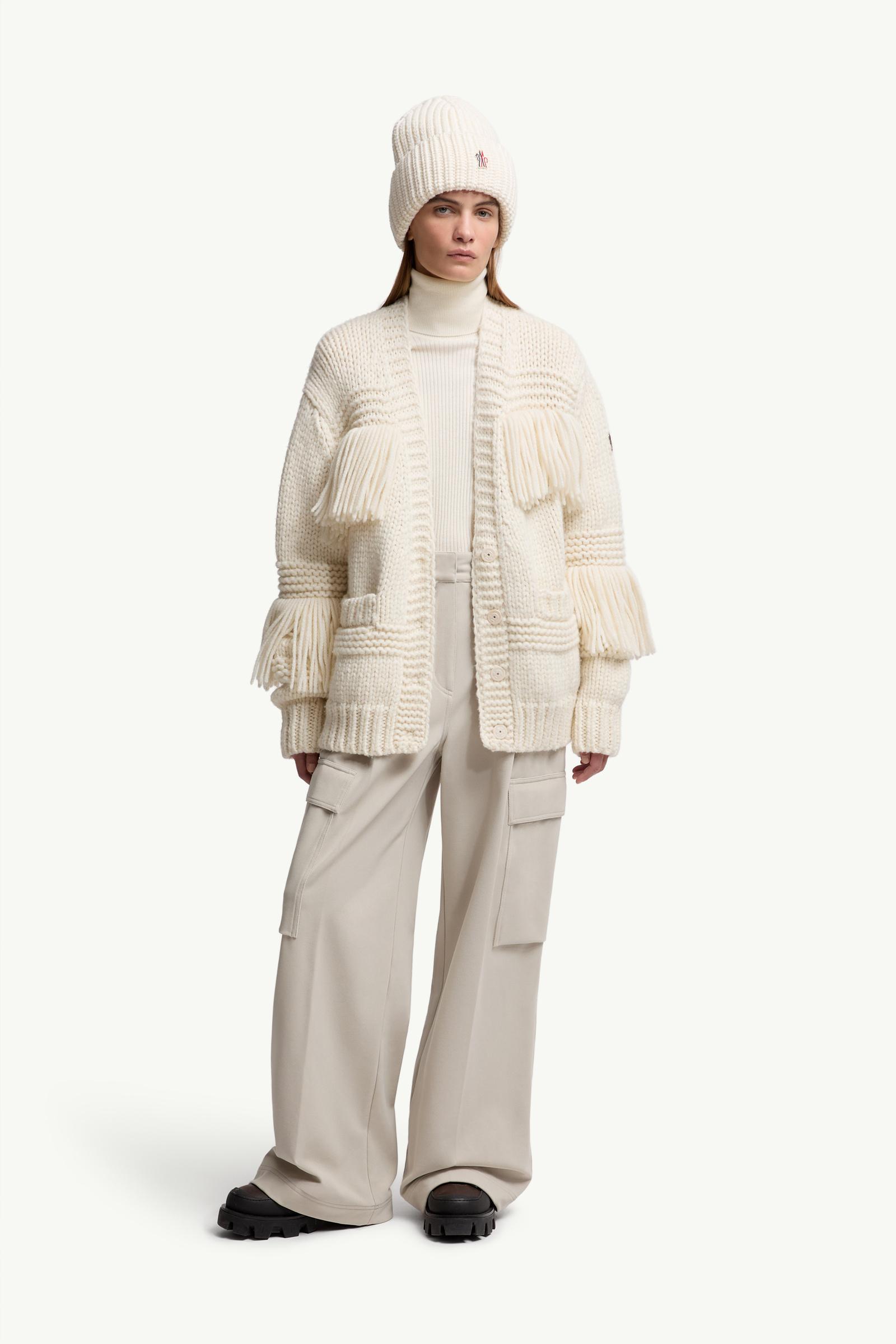 Moncler Fringe-Trim Wool Blend V-Neck Cardigan White Ivory White Ivory