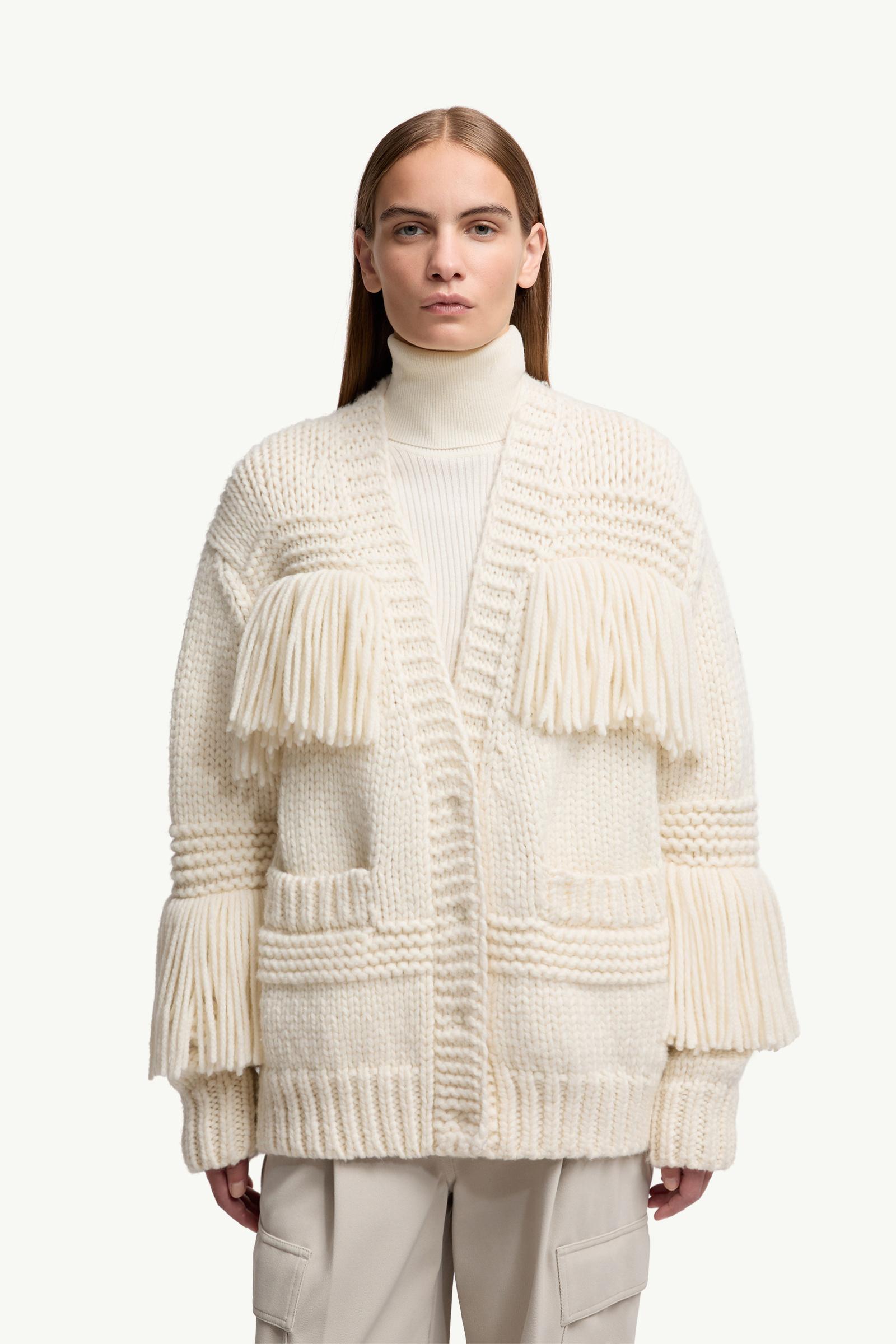 Moncler Fringe-Trim Wool Blend V-Neck Cardigan White Ivory White Ivory
