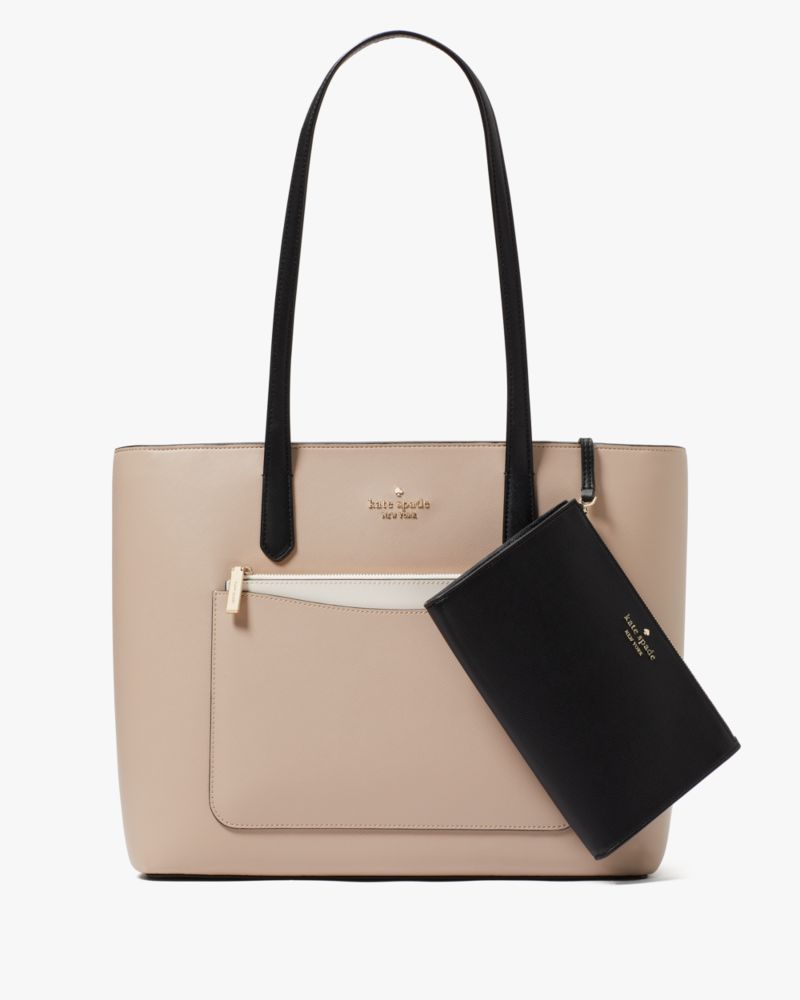 KateSpade Staci Colorblock Leather Large Tote Set Warm Beige Multi