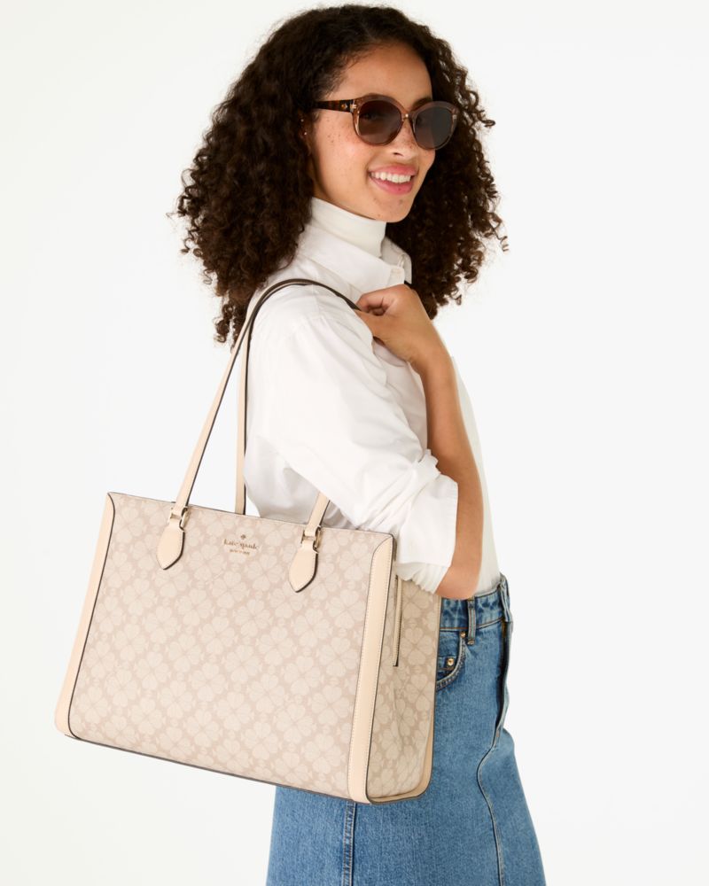 KateSpade Signature Spade Flower East West Large Laptop Tote Dark Beige Multi