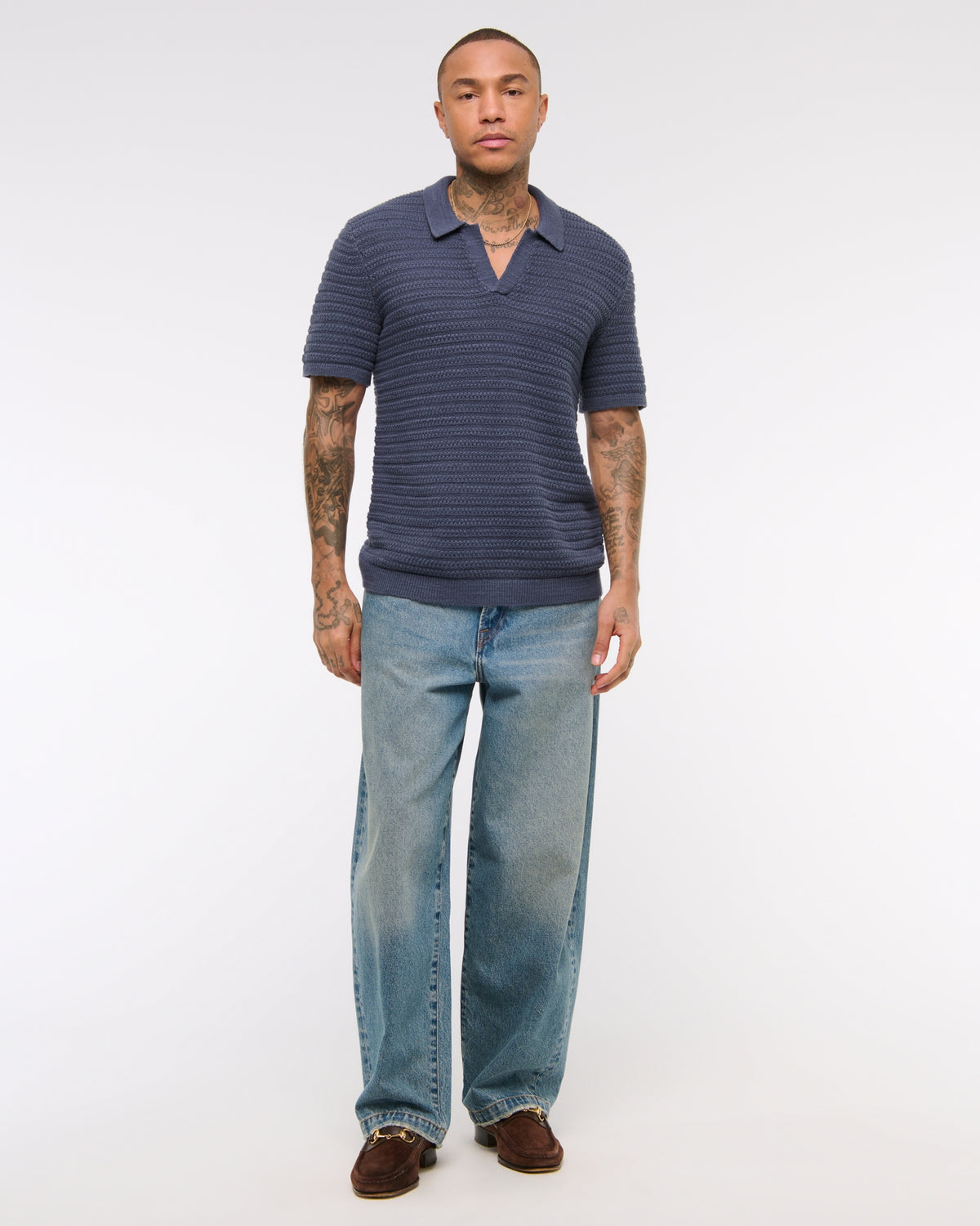 Abercrombie Textural Striped Johnny Collar Sweater Polo