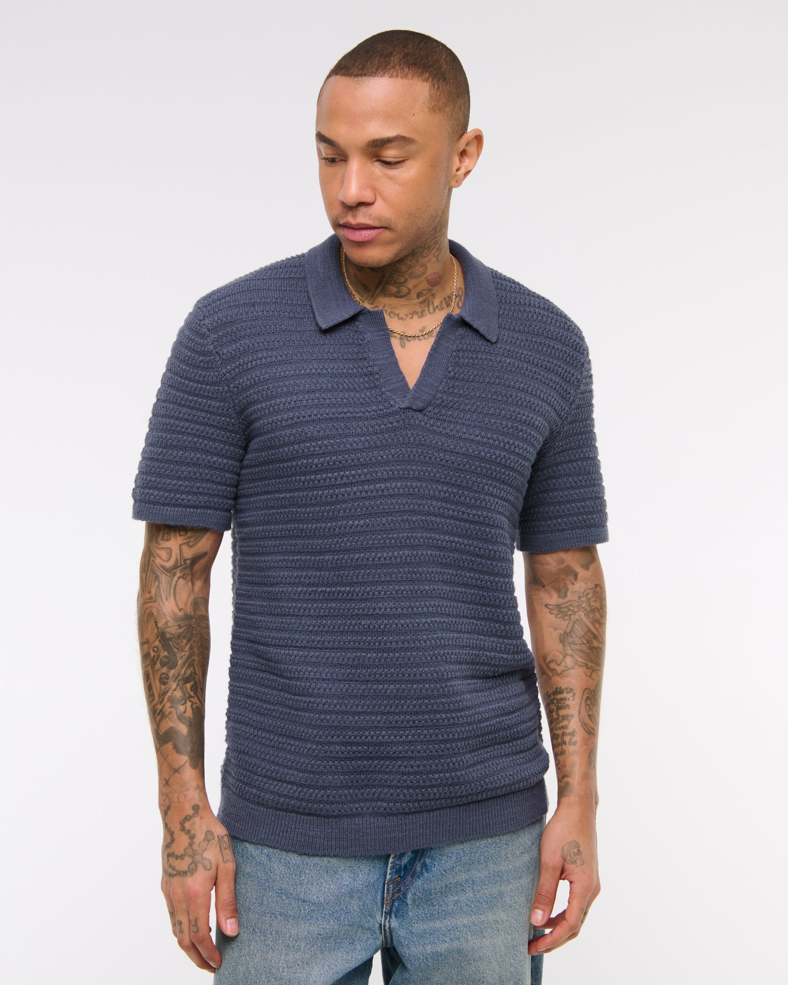 Abercrombie Textural Striped Johnny Collar Sweater Polo