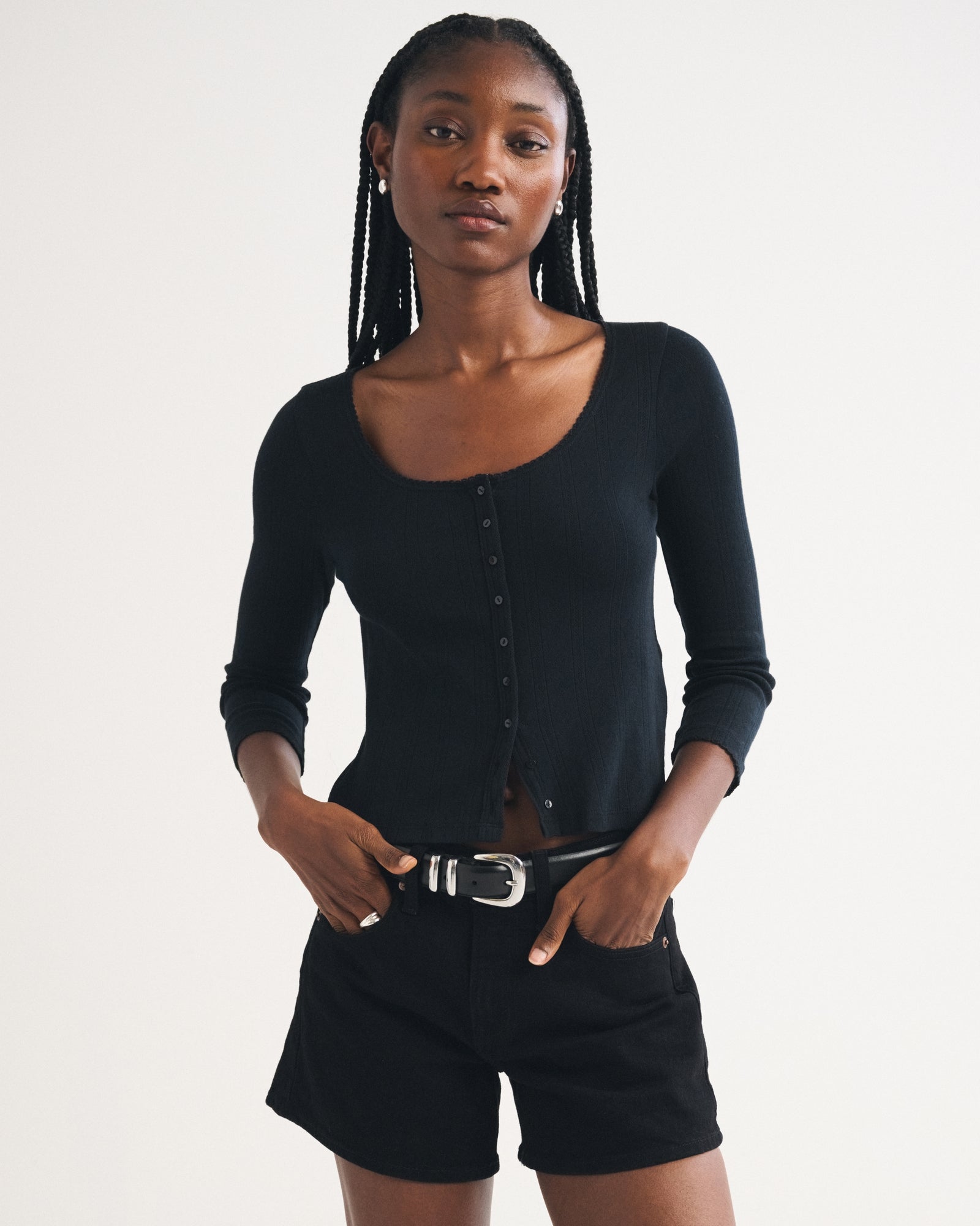 Abercrombie 3/4 Sleeve Pointelle Button-Through Top