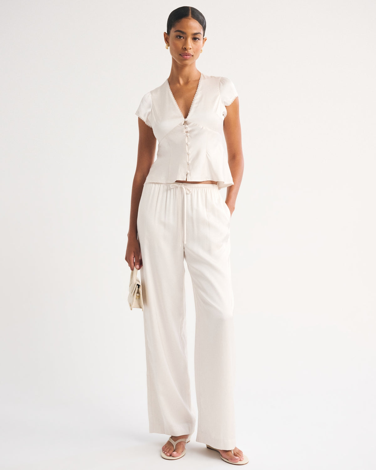 Abercrombie Lace-Trim Satin Button-Up Blouse