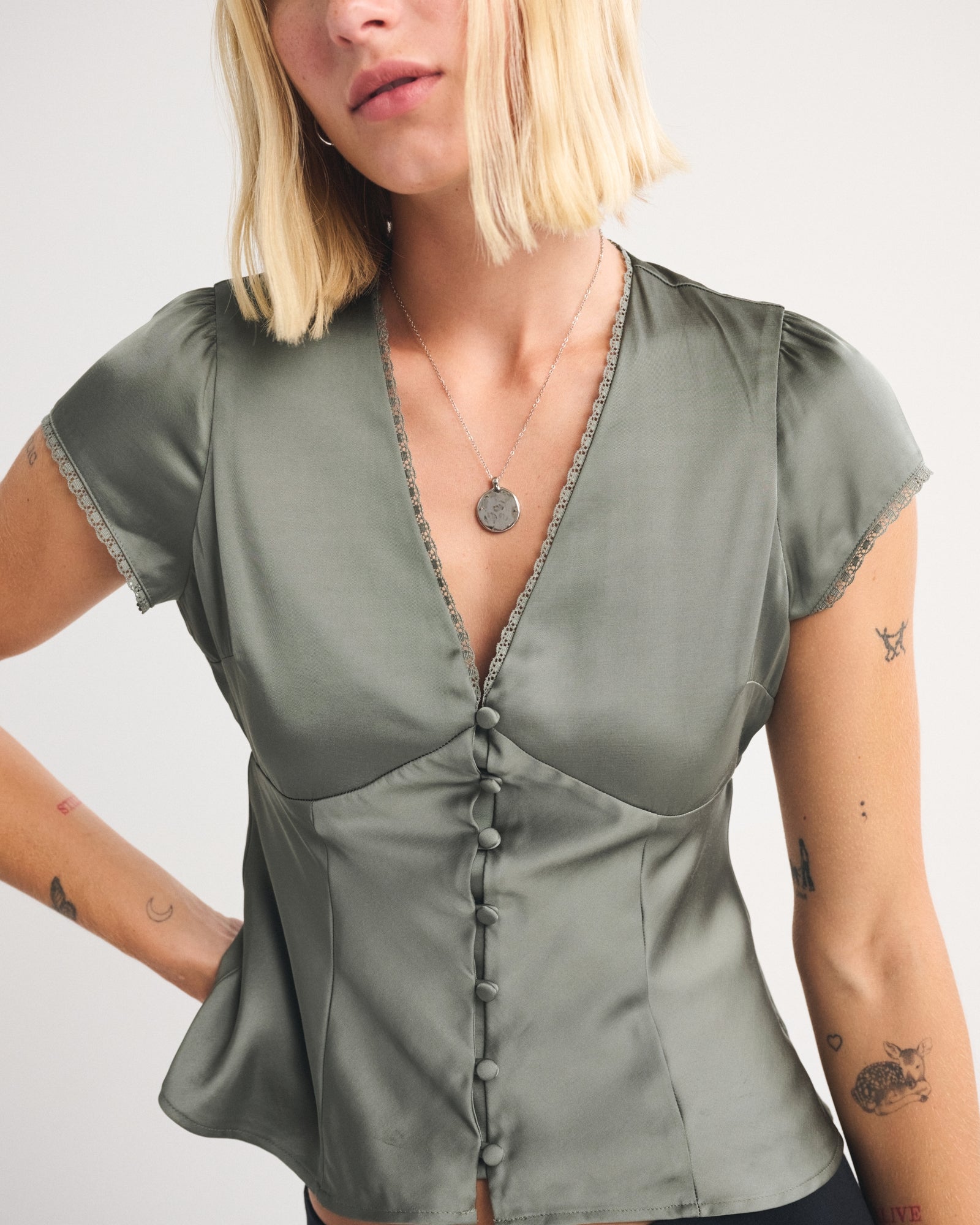 Abercrombie Lace-Trim Satin Button-Up Blouse