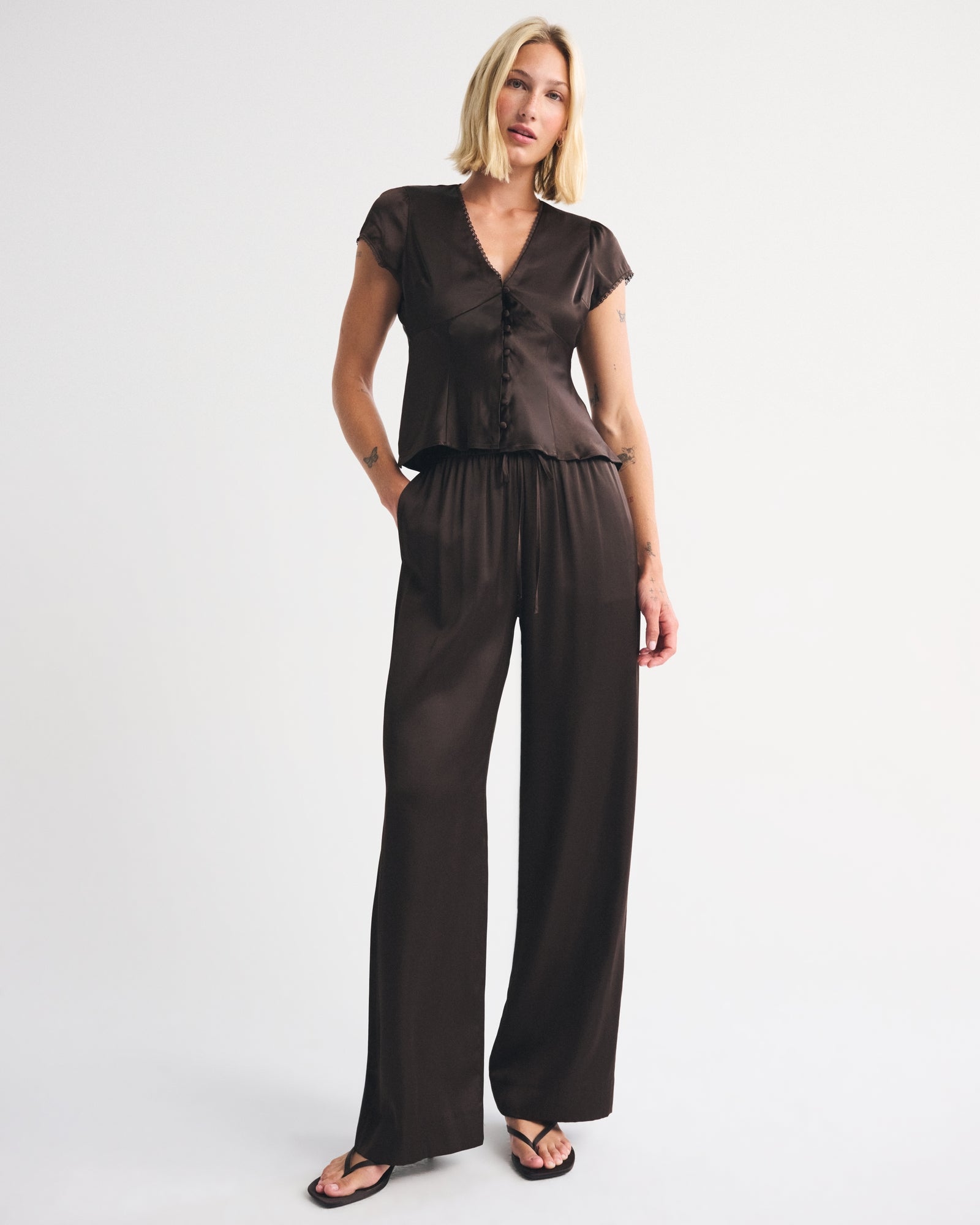 Abercrombie Lace-Trim Satin Button-Up Blouse