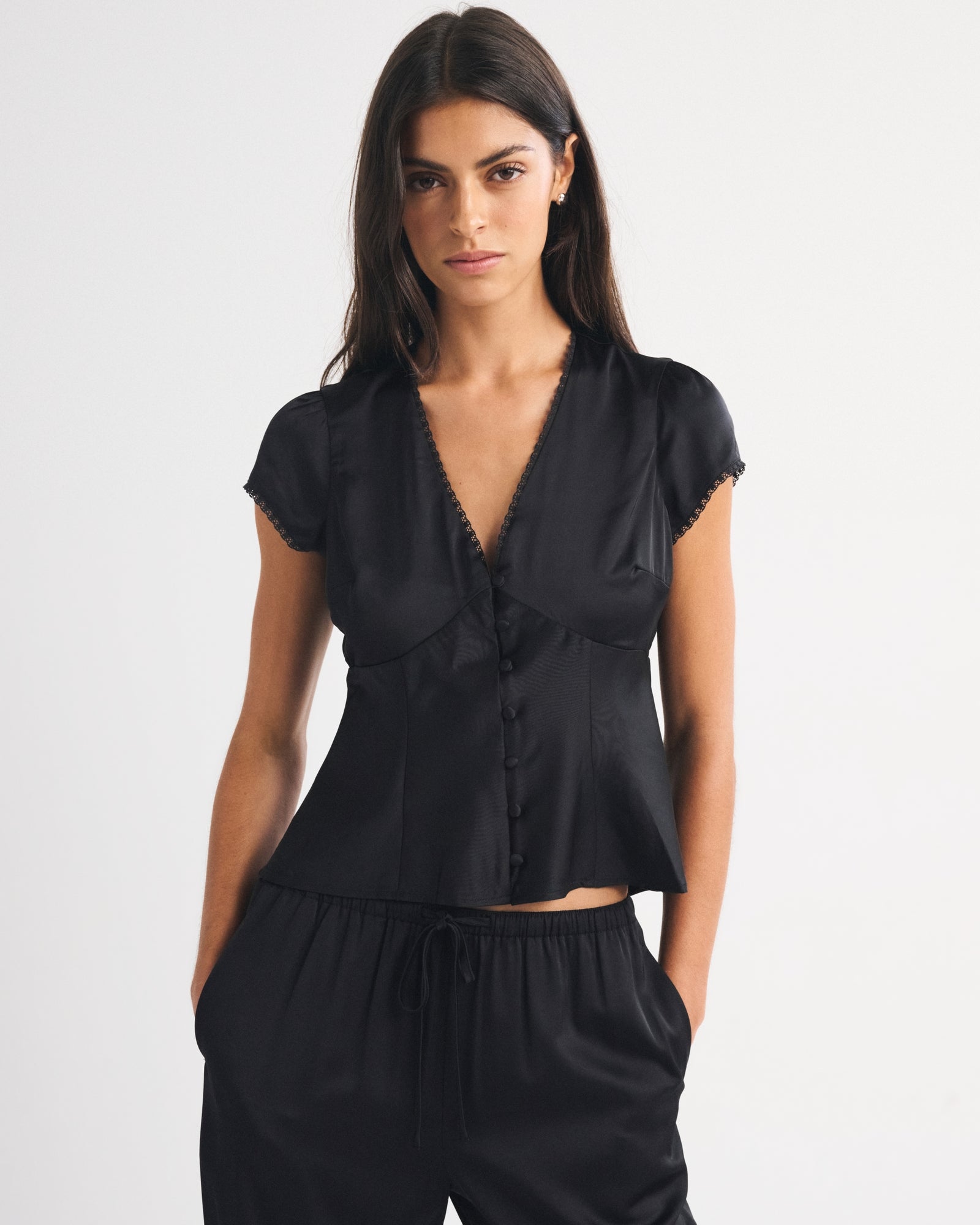 Abercrombie Lace-Trim Satin Button-Up Blouse