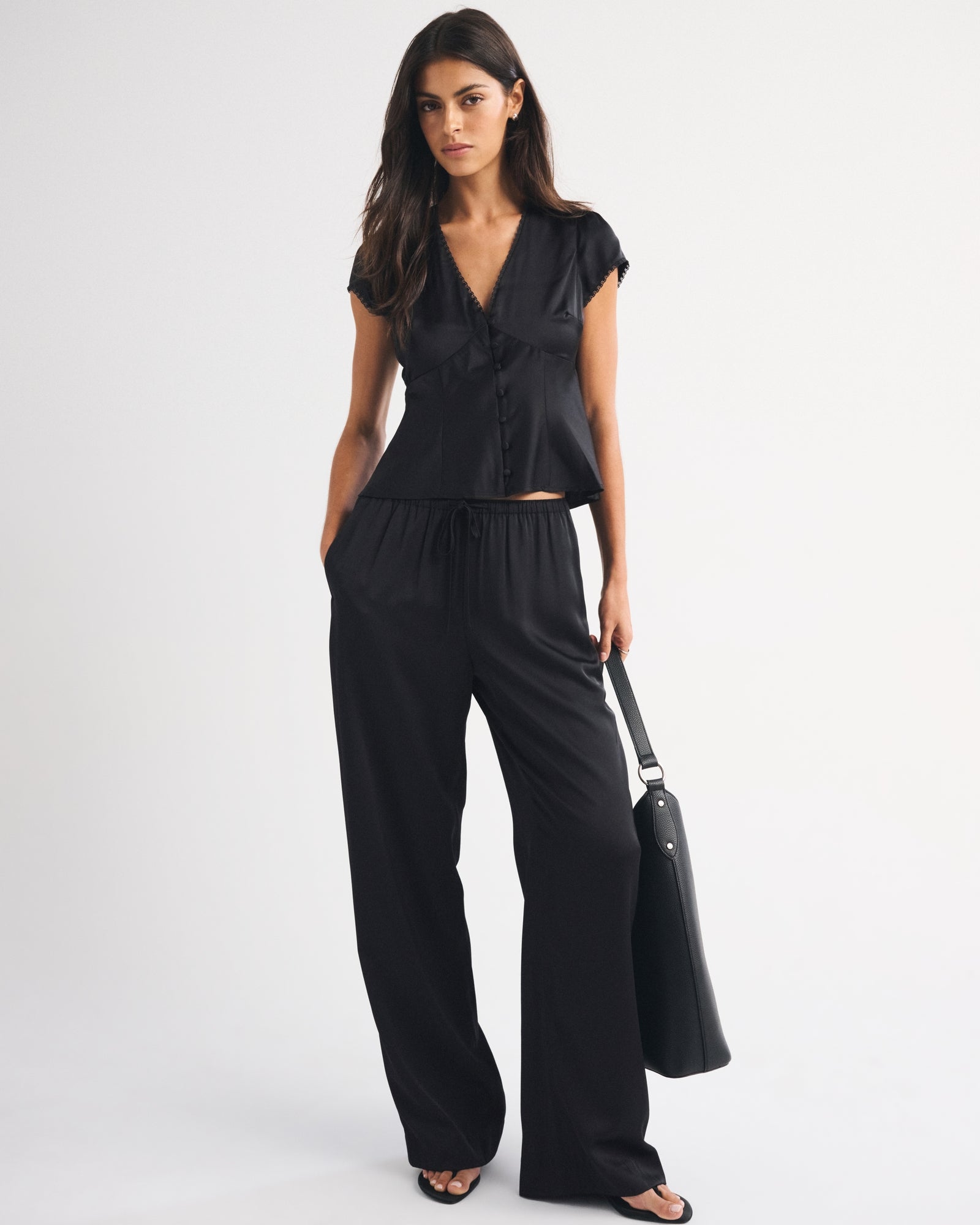 Abercrombie Lace-Trim Satin Button-Up Blouse