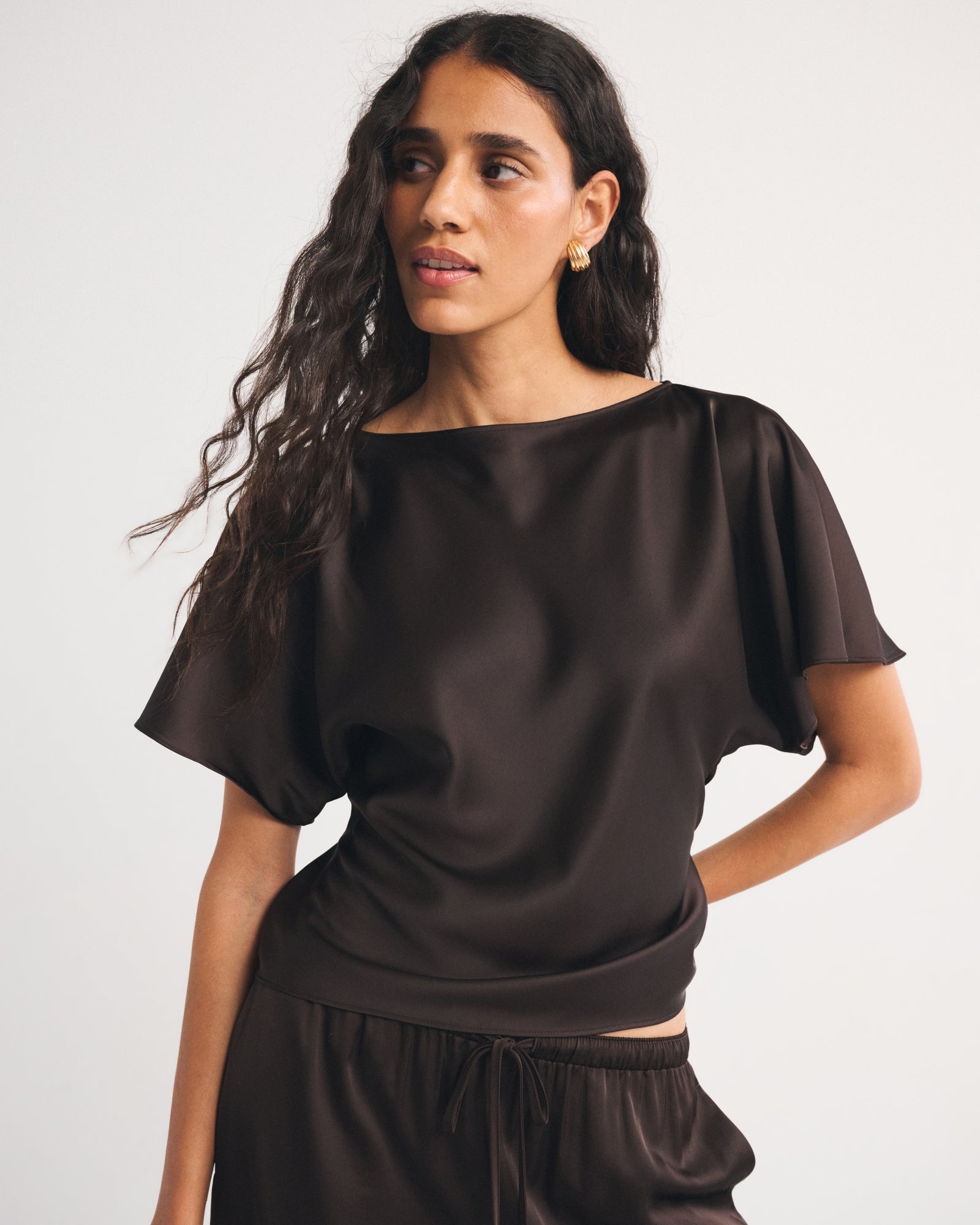 Abercrombie Satin Flutter Sleeve Slash Top