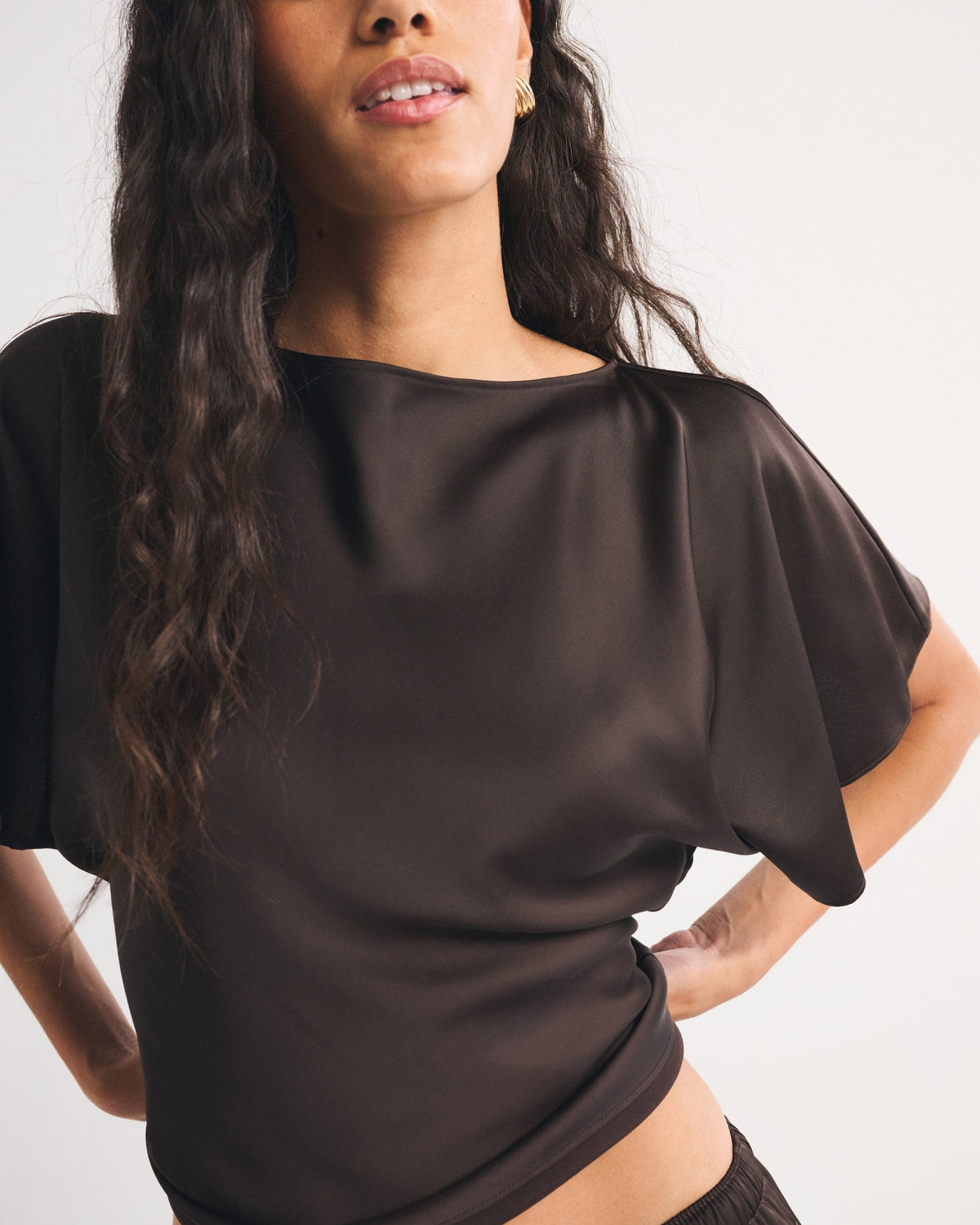 Abercrombie Satin Flutter Sleeve Slash Top
