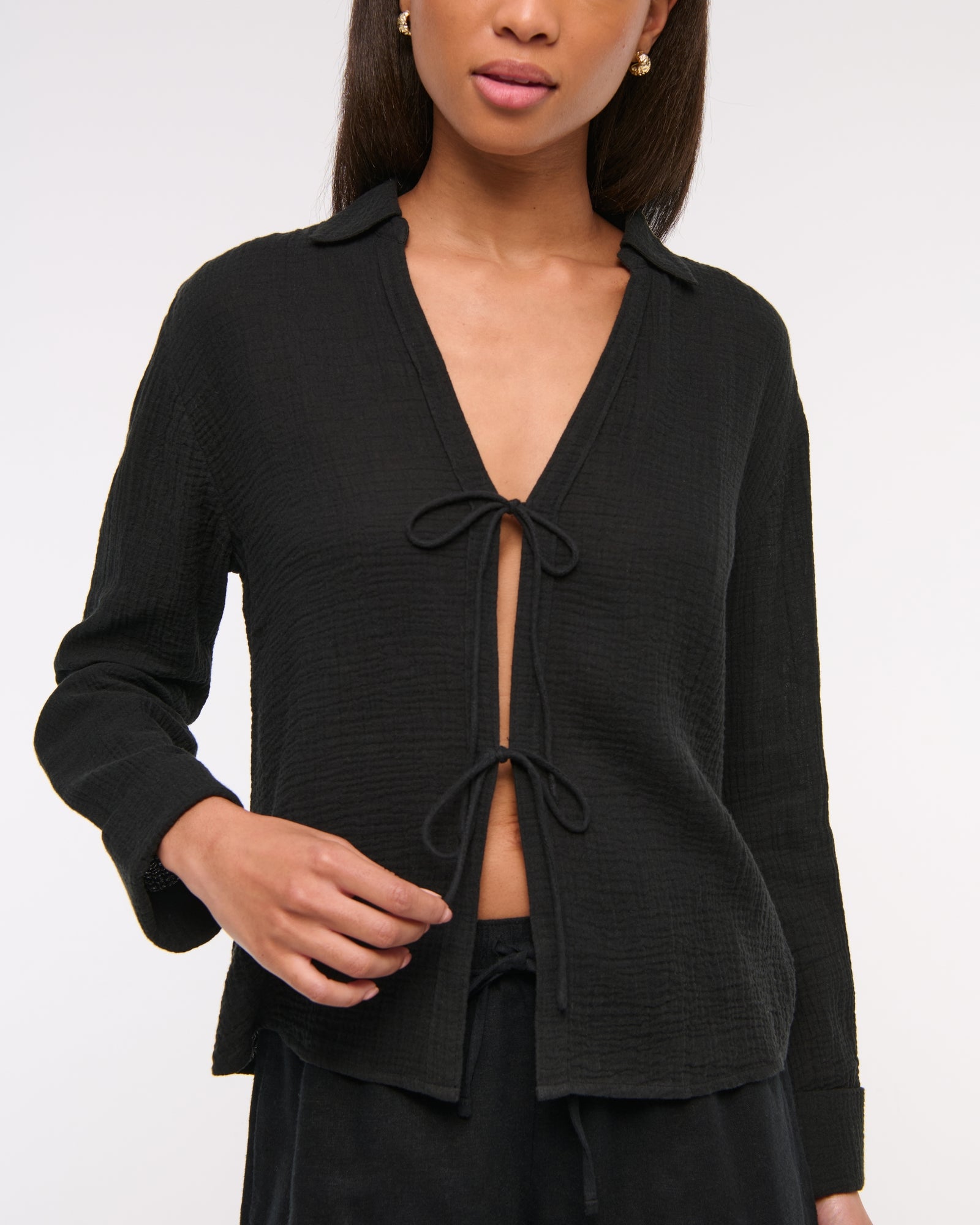 Abercrombie Long-Sleeve Oversized Tie-Front Gauzy Shirt