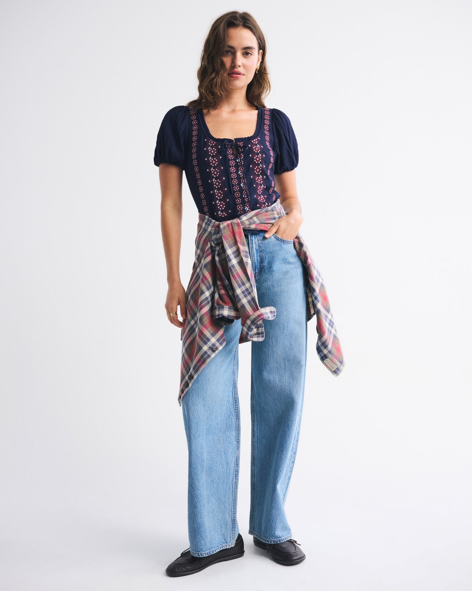 Abercrombie Embroidered Peplum Puff Sleeve Top