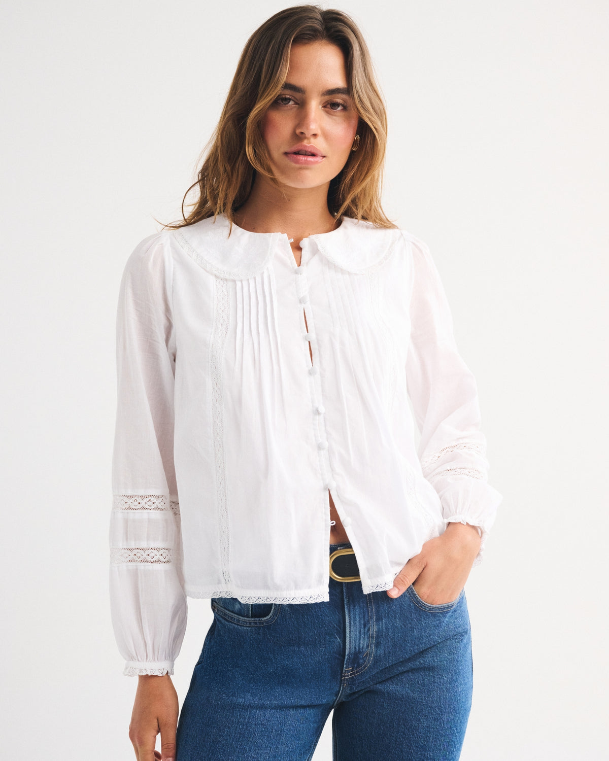 Abercrombie 100% Cotton Long-Sleeve Lace-Trim Collared Blouse