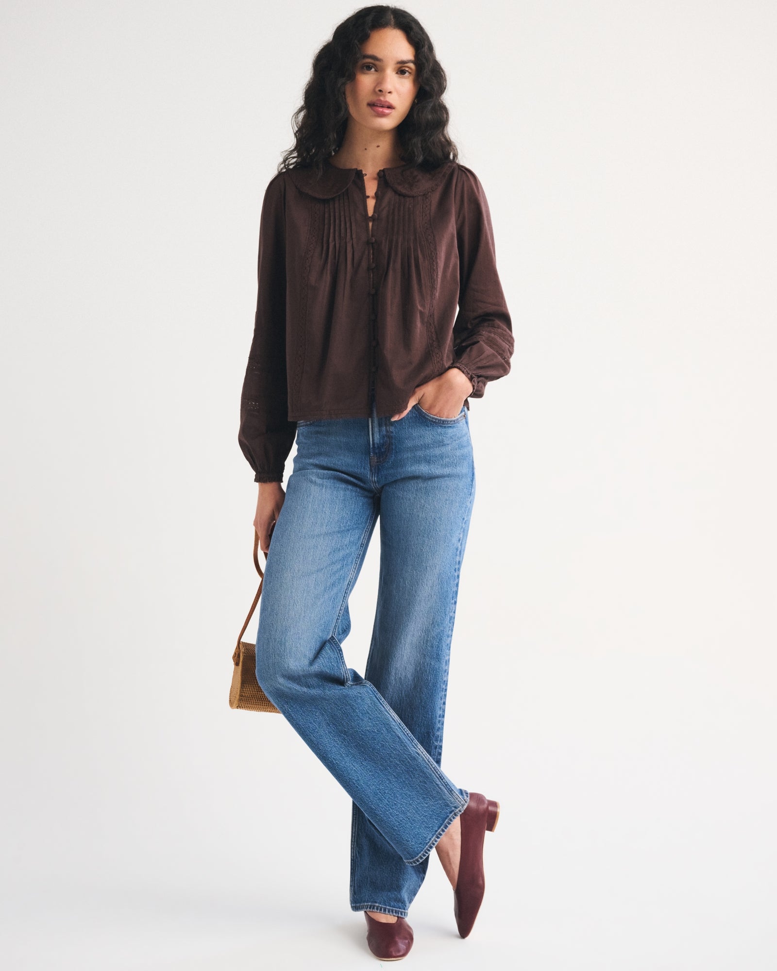 Abercrombie 100% Cotton Long-Sleeve Lace-Trim Collared Blouse