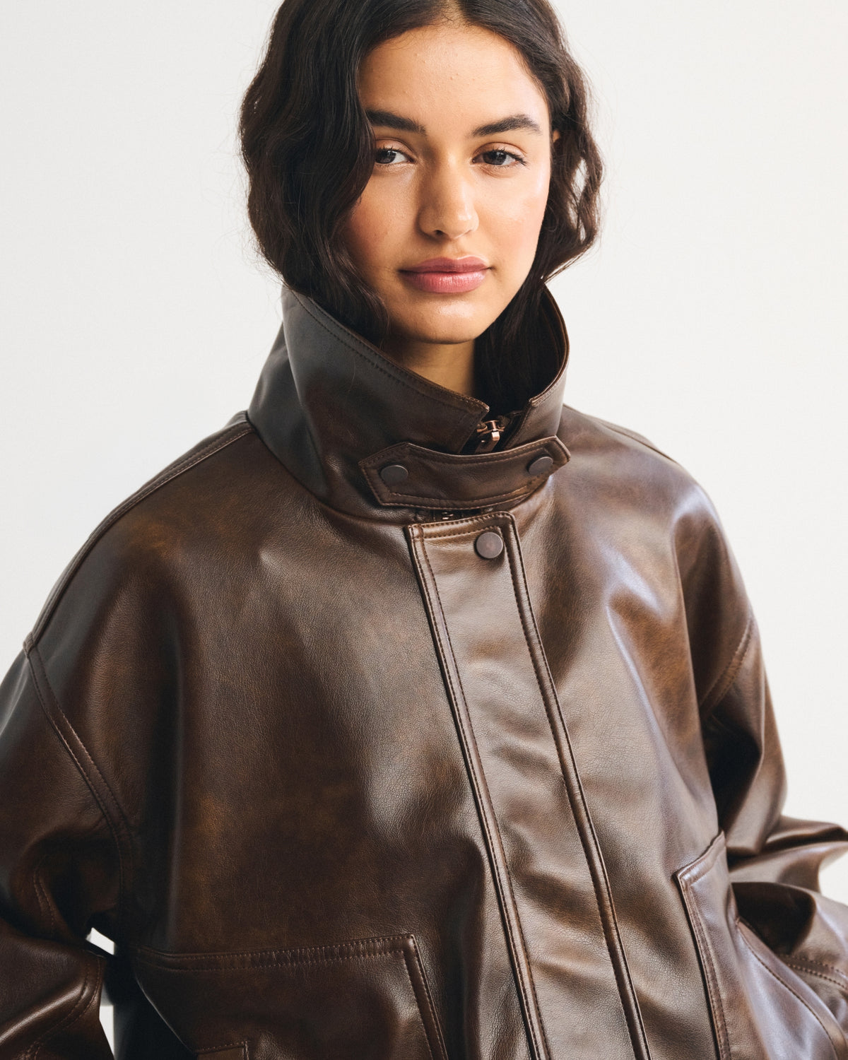 Abercrombie Funnel Neck Vegan Leather Bomber Jacket