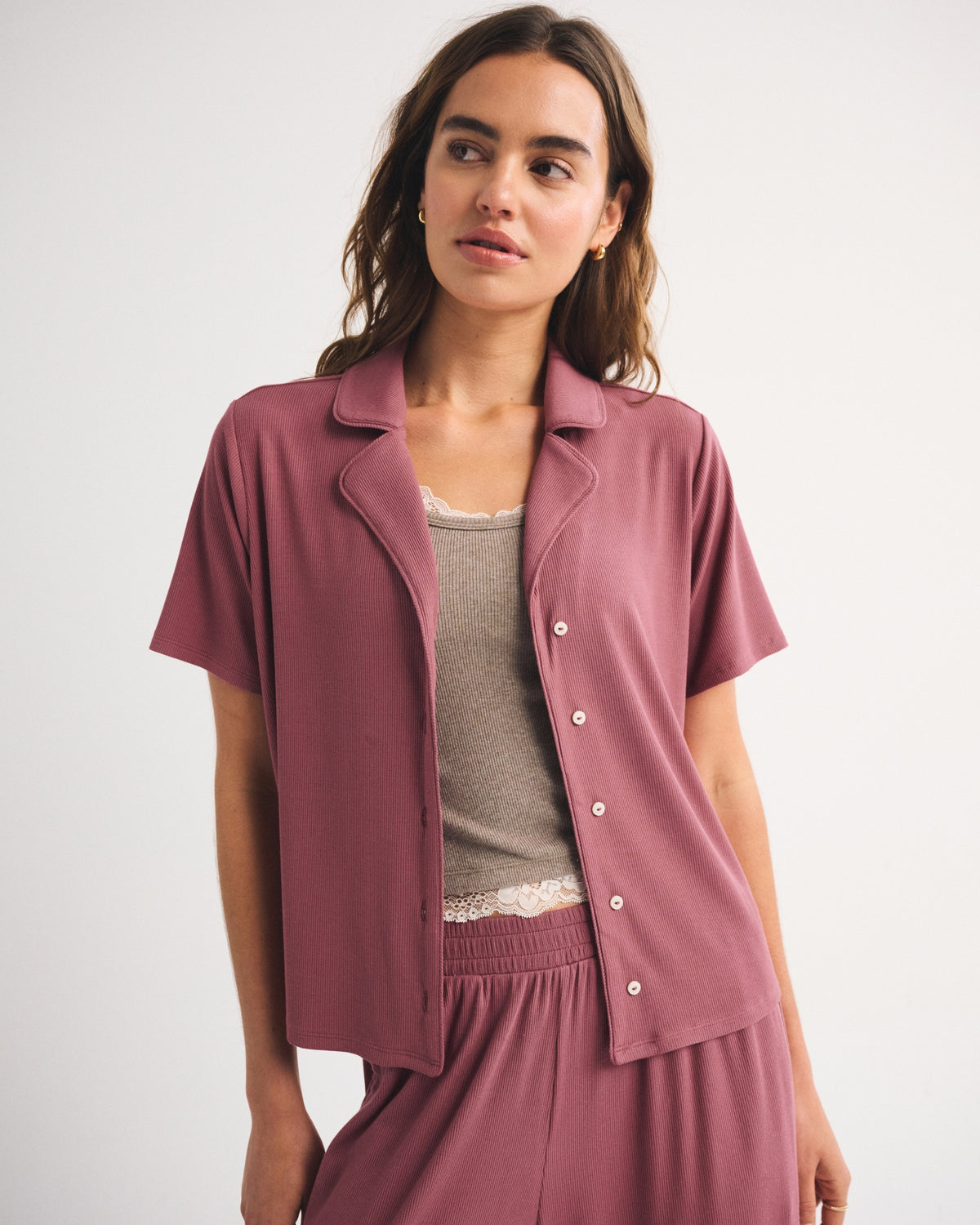 Abercrombie Modal-Blend Lounge Rib Button-Through Shirt