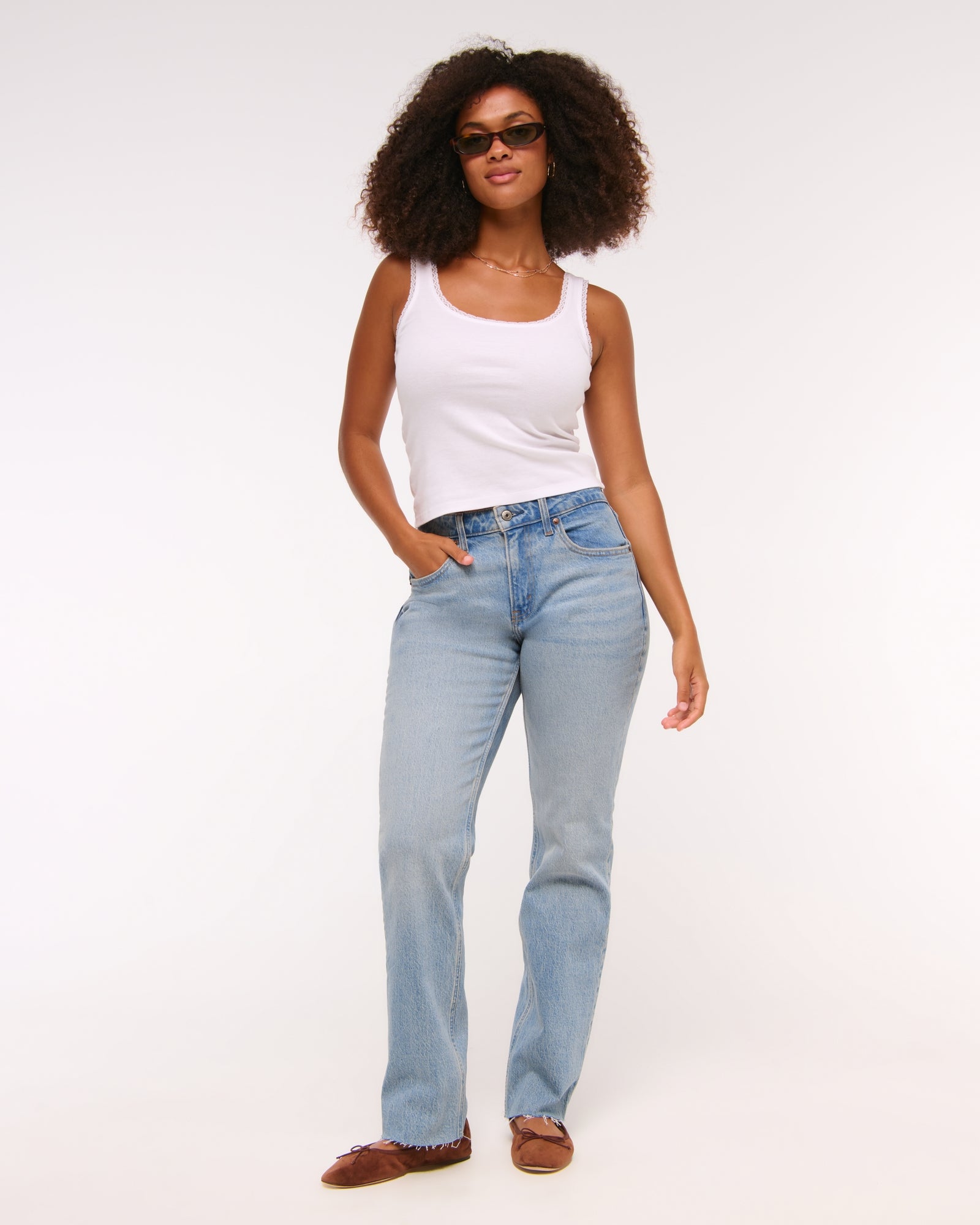 Abercrombie Curve Love Mid Rise 90s Straight Frayed Hem Jean
