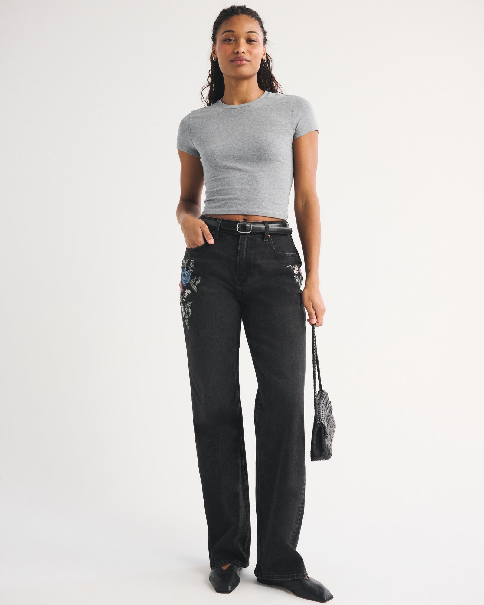 Abercrombie Curve Love High Rise 90s Relaxed Floral Embroidered Jean