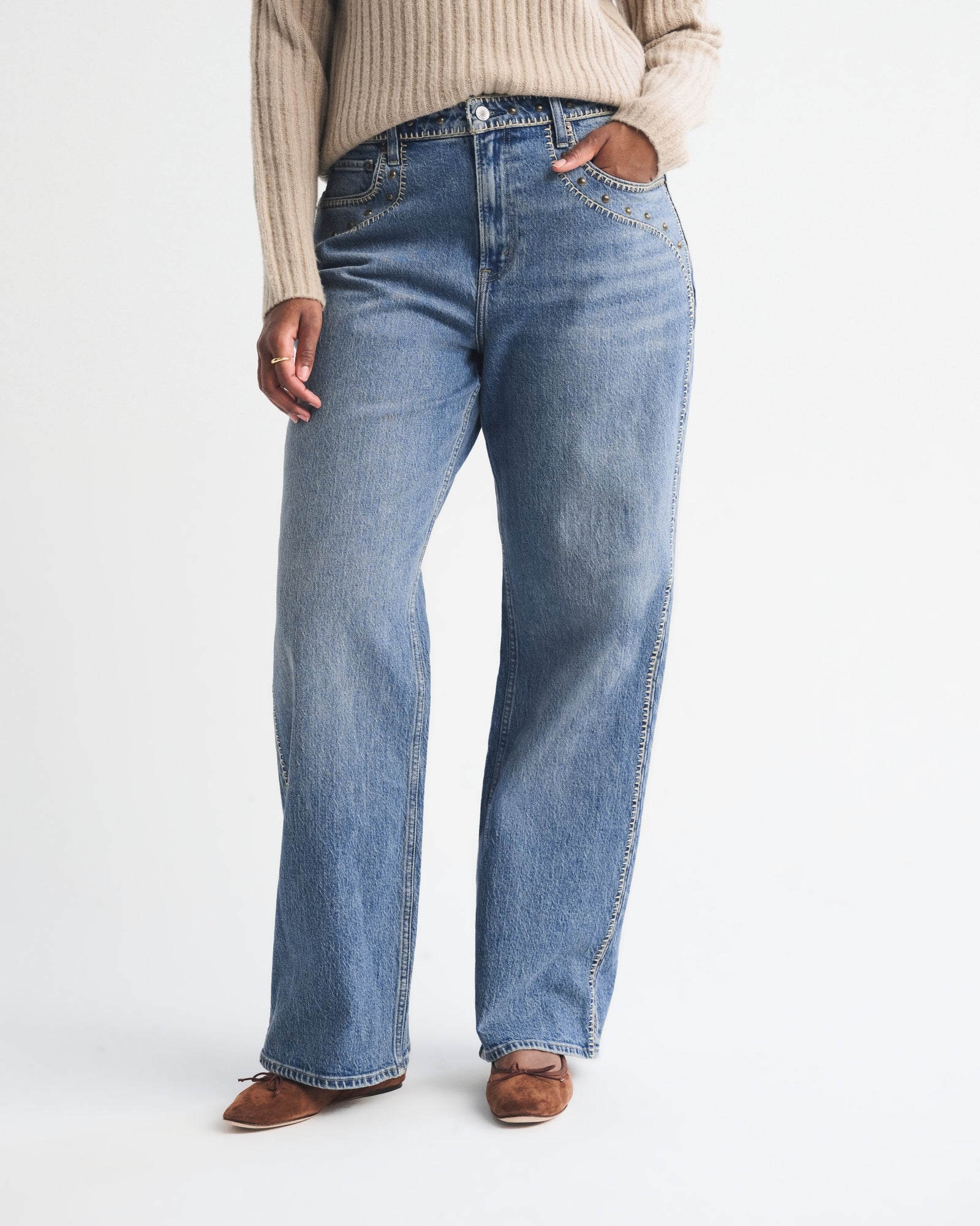 Abercrombie Curve Love High Rise 90s Relaxed Floral Embroidered Jean