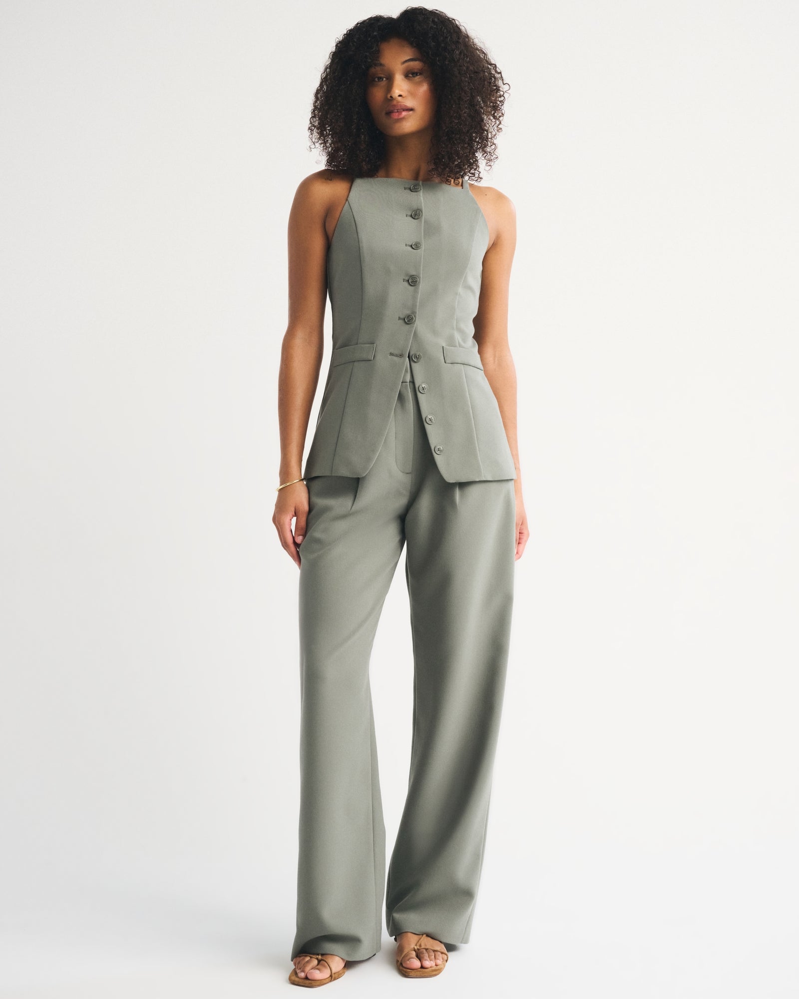 Abercrombie Curve Love A&F Sloane Tailored Hardware Wide Leg Pant