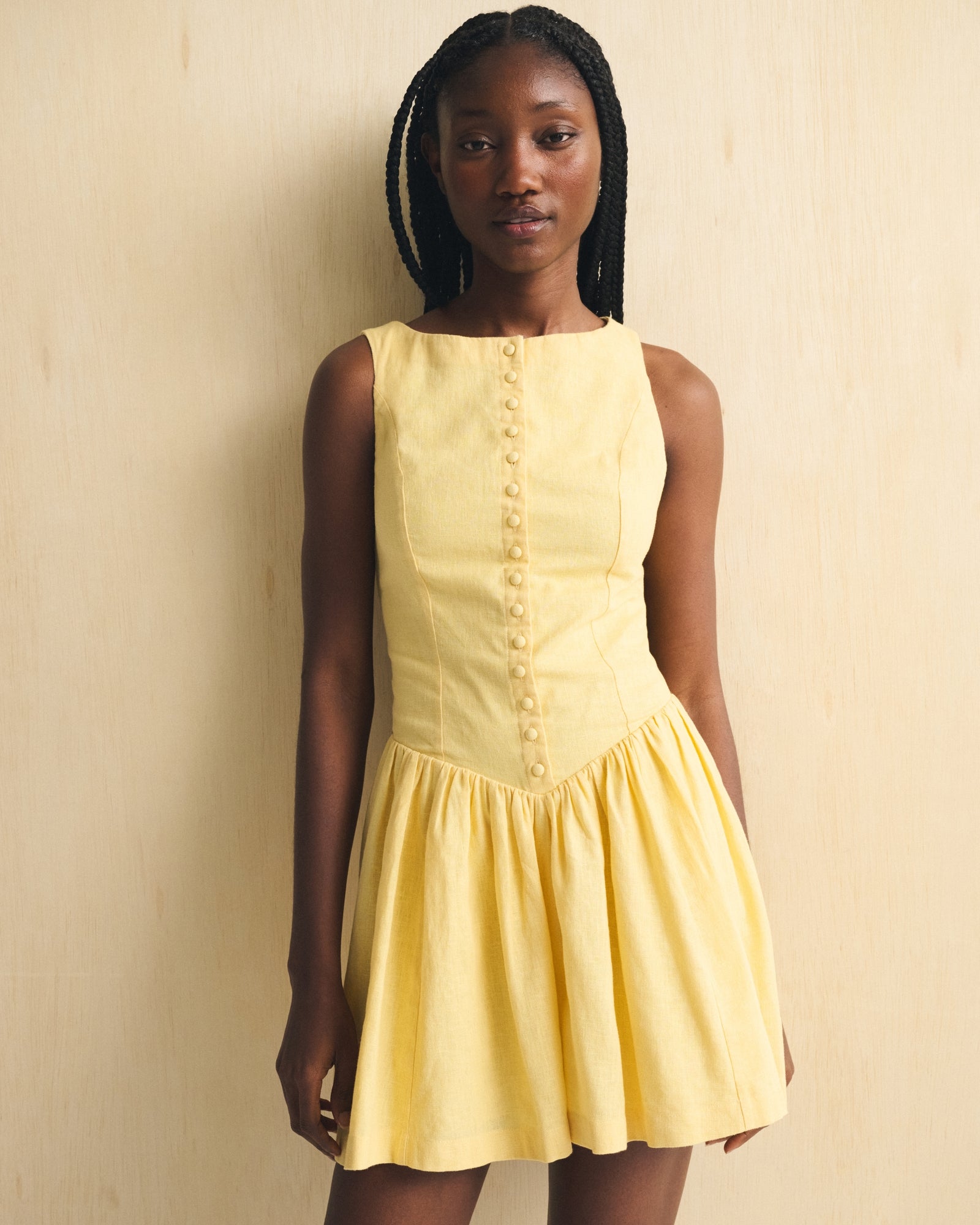 Abercrombie Linen-Cotton Blend High Neck Button-Embellished Mini Dress