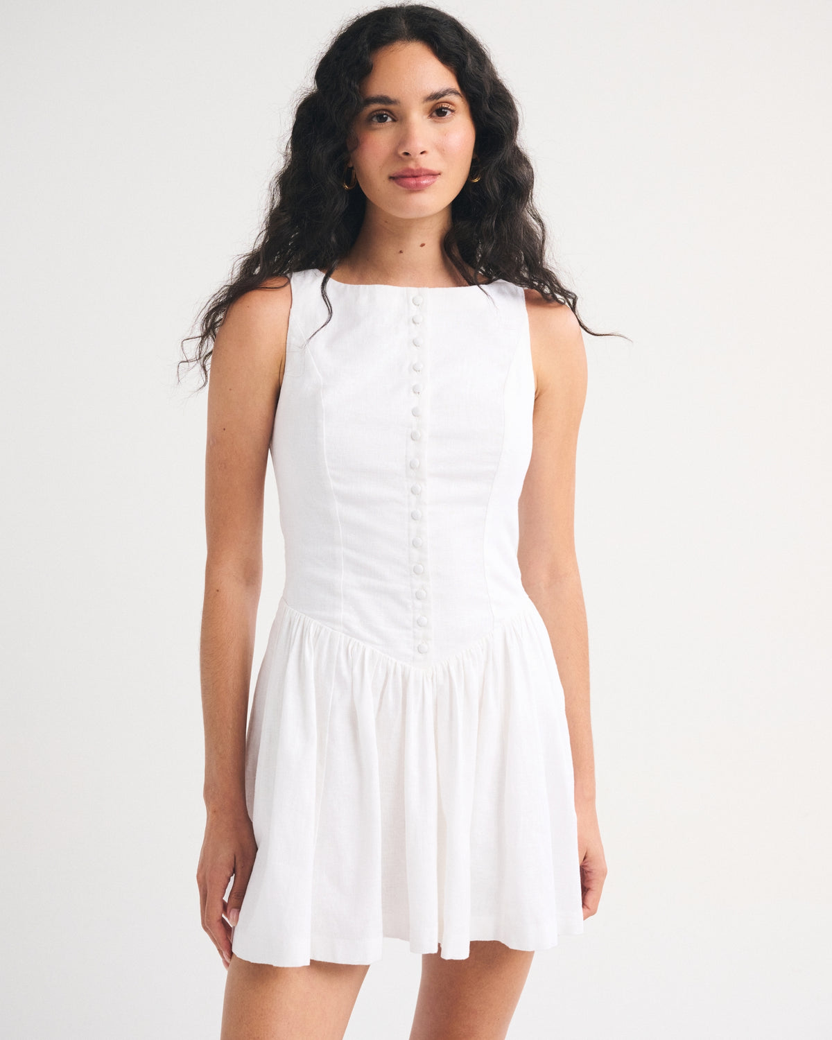 Abercrombie Linen-Cotton Blend High Neck Button-Embellished Mini Dress
