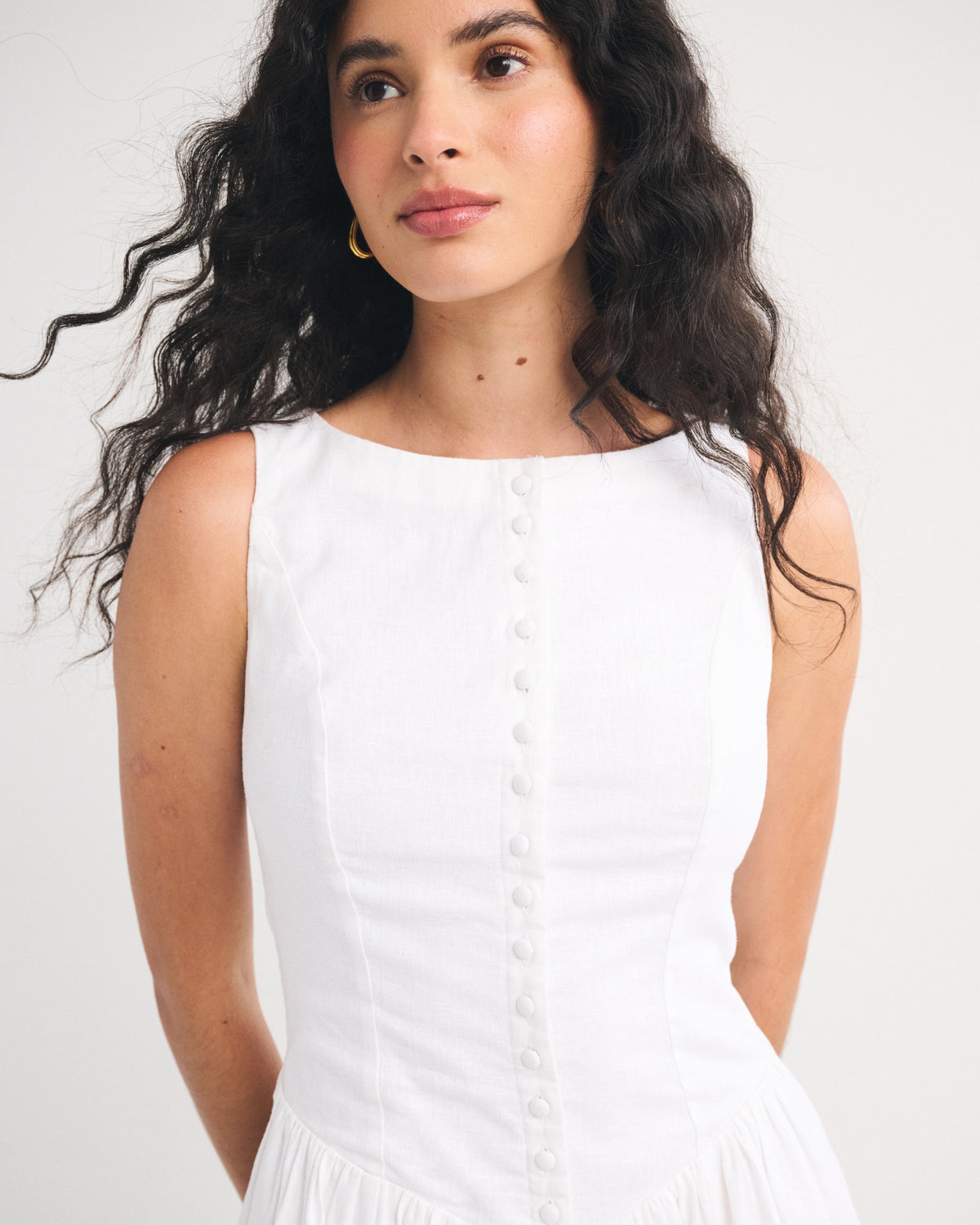 Abercrombie Linen-Cotton Blend High Neck Button-Embellished Mini Dress