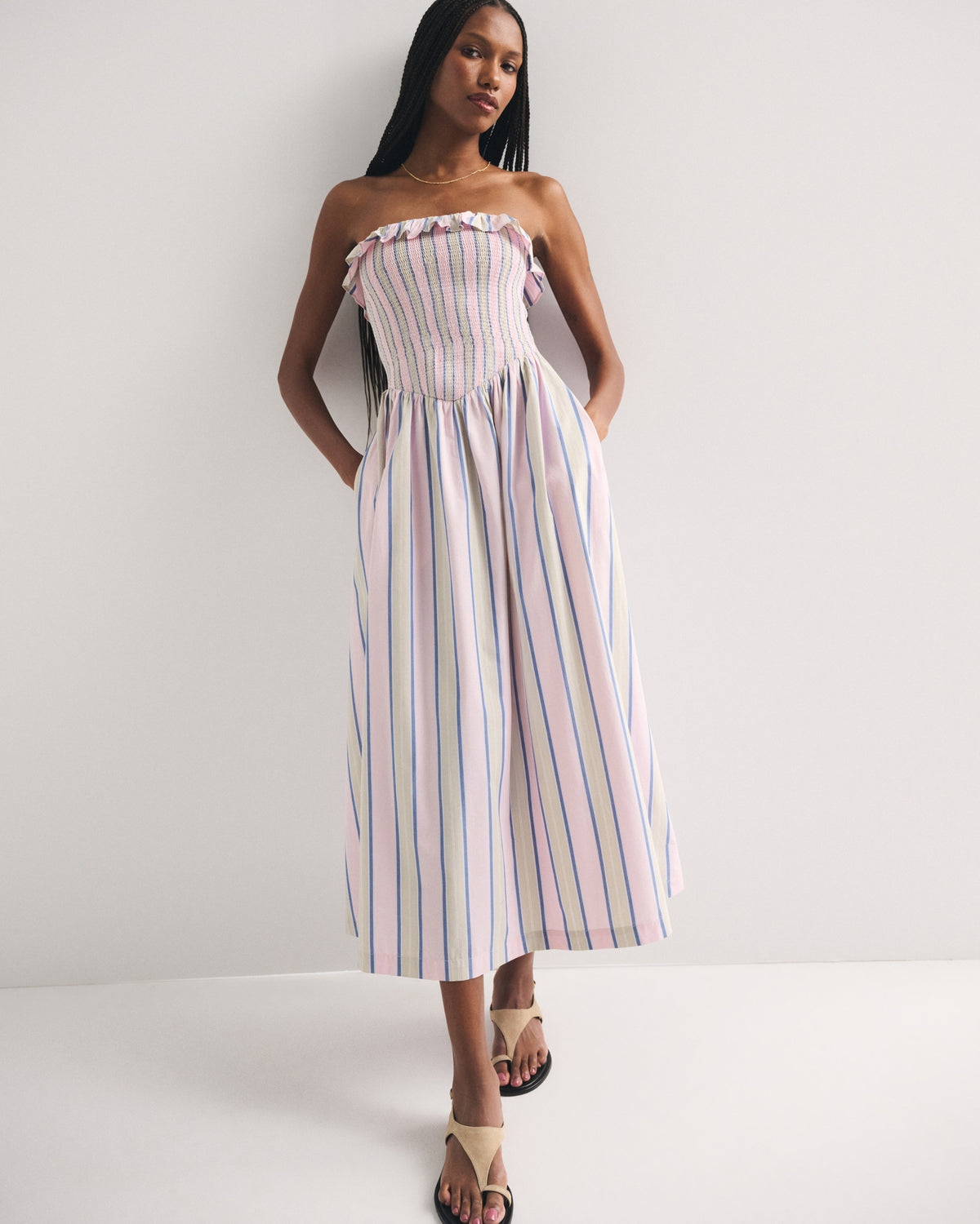 Abercrombie A&F Sydney Smocked Strapless Dipped-Waist Midi Dress
