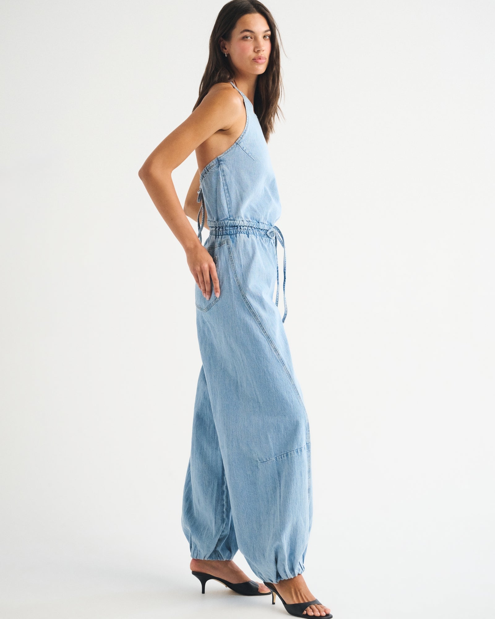 Abercrombie High-Neck Linen-Blend Denim Balloon Leg Jumpsuit