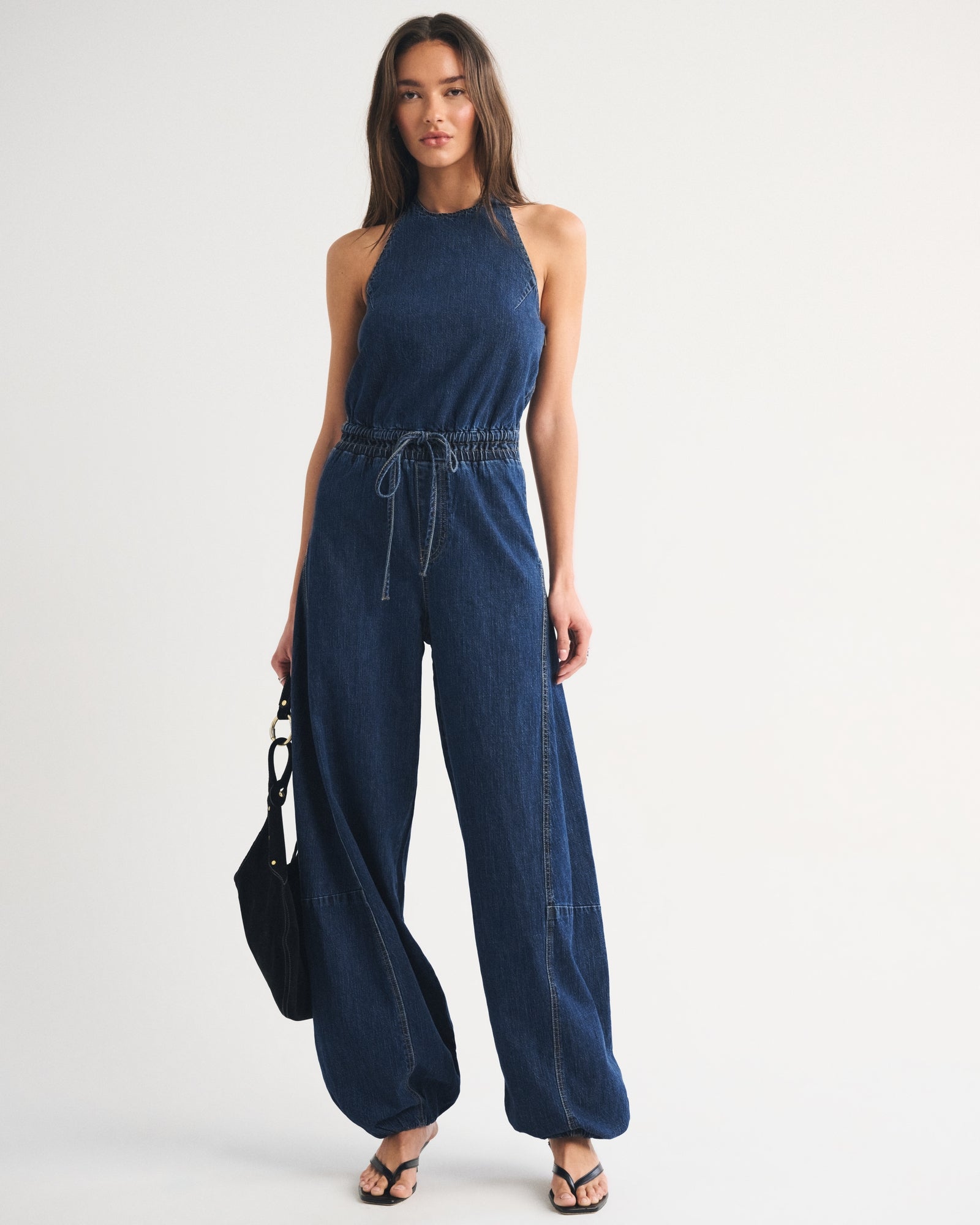 Abercrombie High-Neck Linen-Blend Denim Balloon Leg Jumpsuit