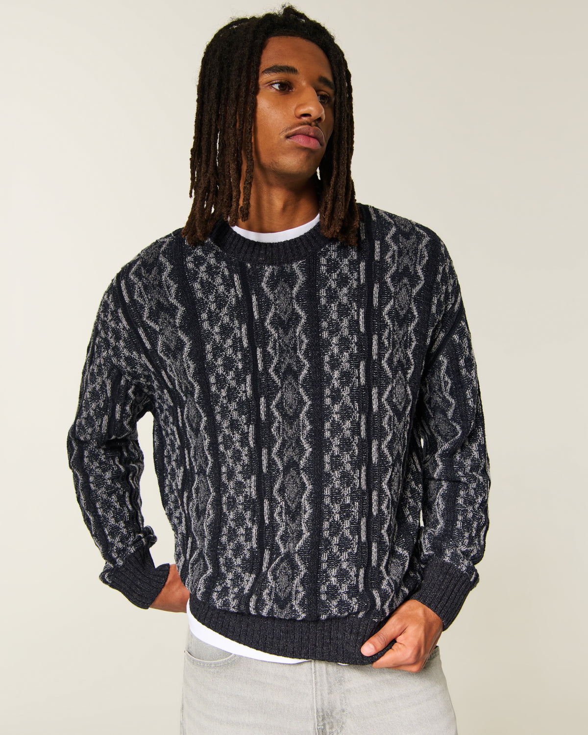 Hollister Boxy Washed Cable-Knit Crew Sweater