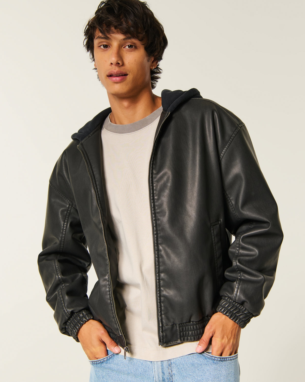Hollister Faux Leather Fleece Hood Bomber Jacket
