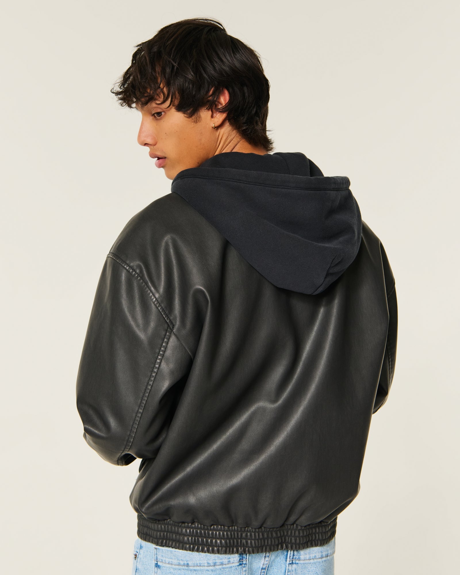 Hollister Faux Leather Fleece Hood Bomber Jacket