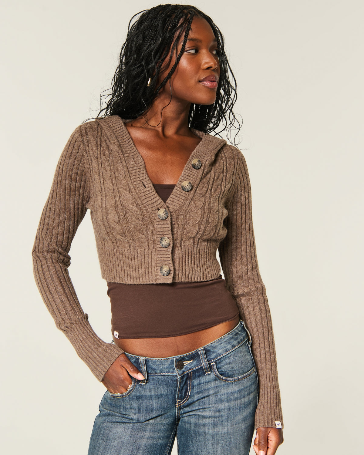 Hollister Shrunken Cable-Knit Hooded Cardigan