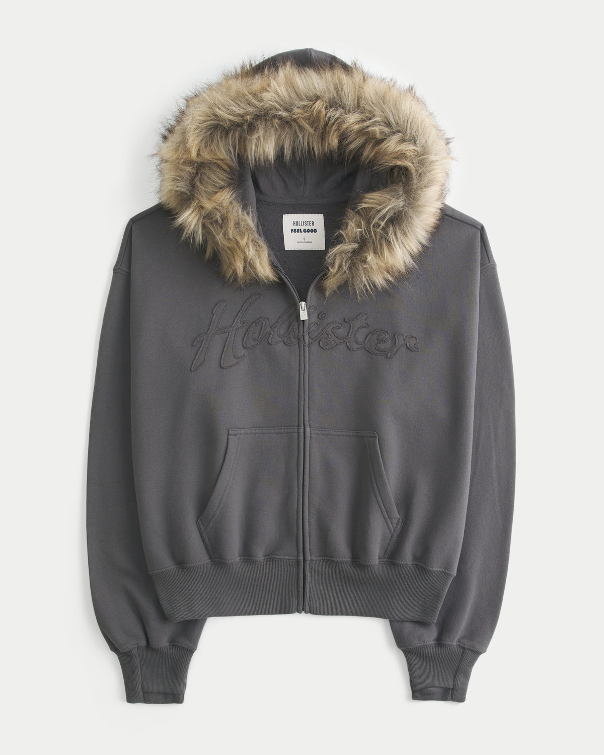 Hollister Hollister Feel Good Faux Fur Trim Logo Zip-Up Hoodie