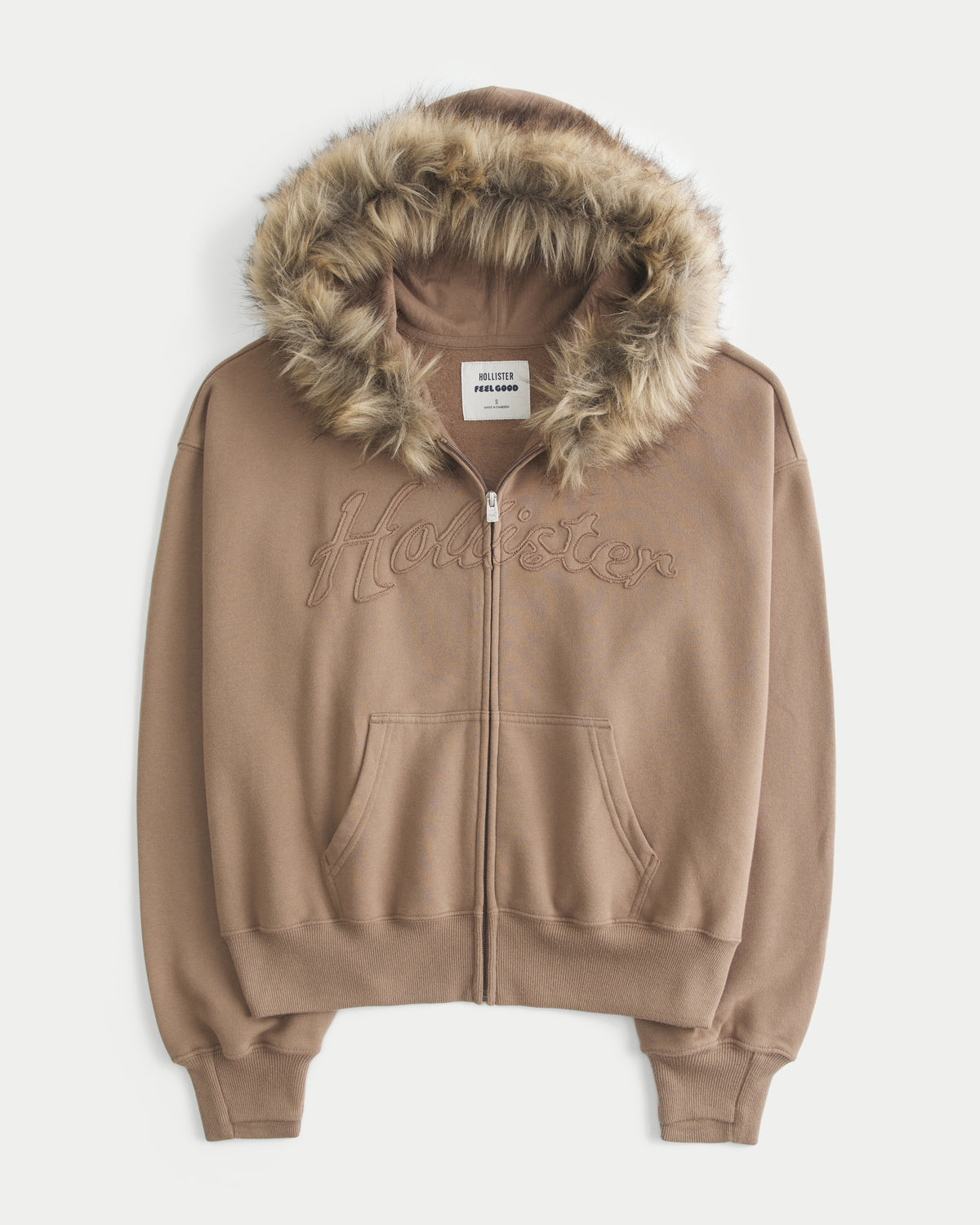 Hollister Hollister Feel Good Faux Fur Trim Logo Zip-Up Hoodie