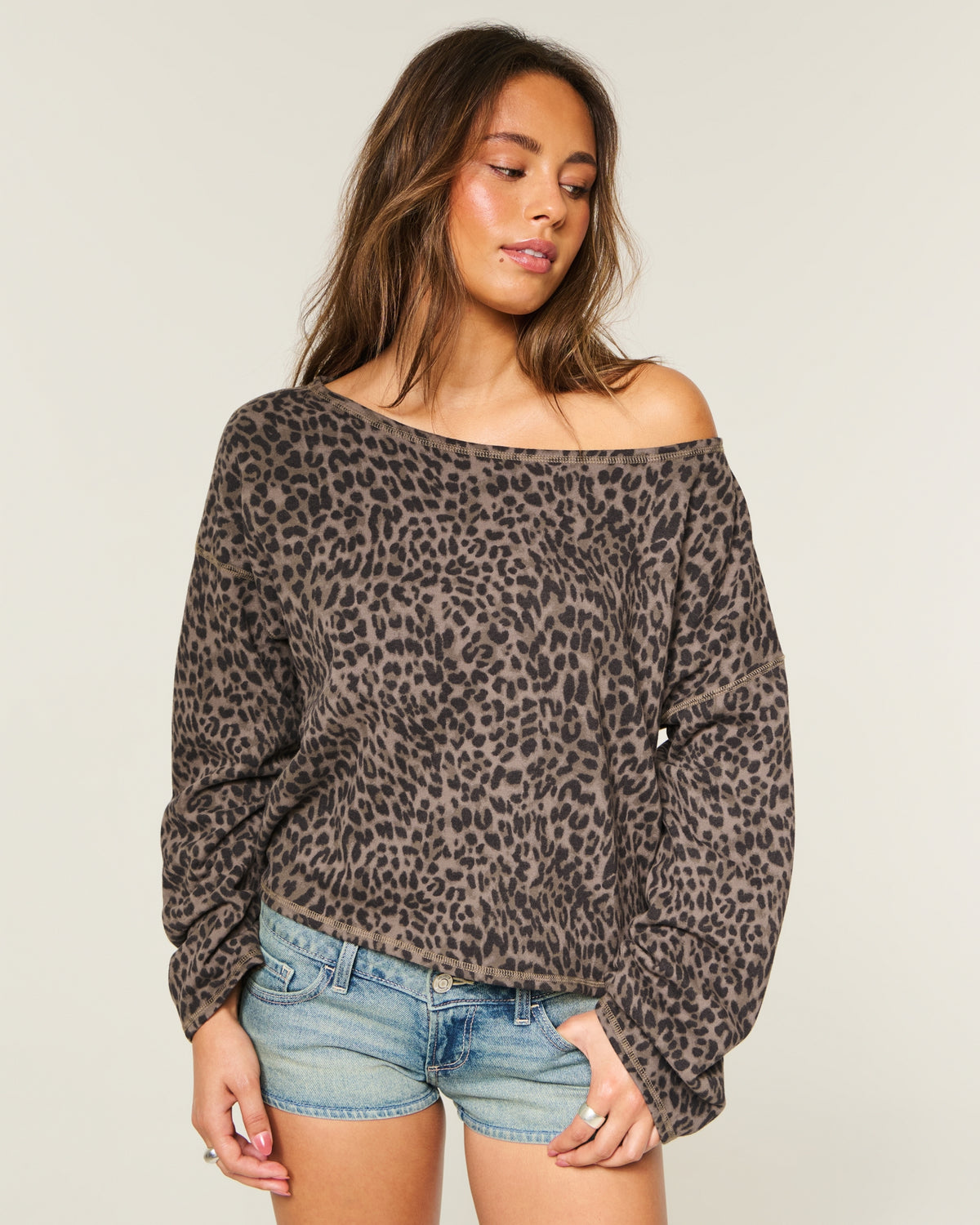 Hollister Easy Off-the-Shoulder Leopard Print Terry Sweatshirt