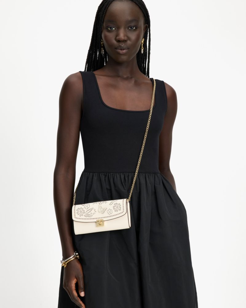 KateSpade Phoebe Perforated Turnlock Wallet on chain Meringue