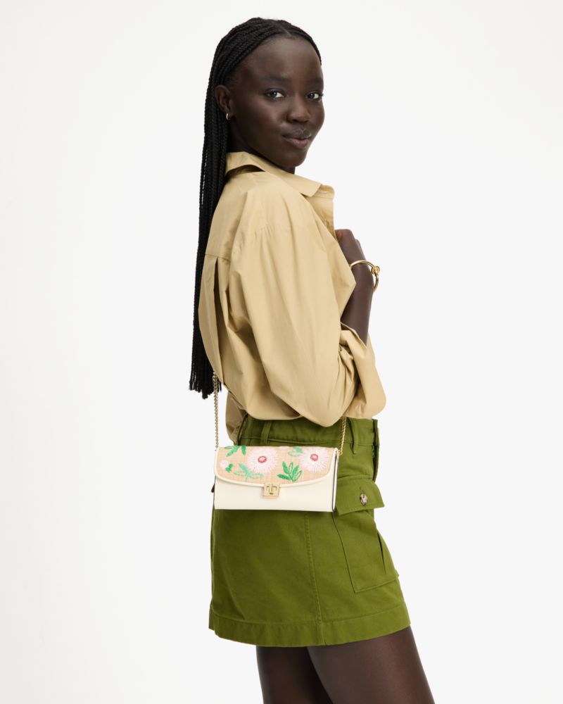 KateSpade Phoebe Straw Turnlock Wallet on chain Natural Multi