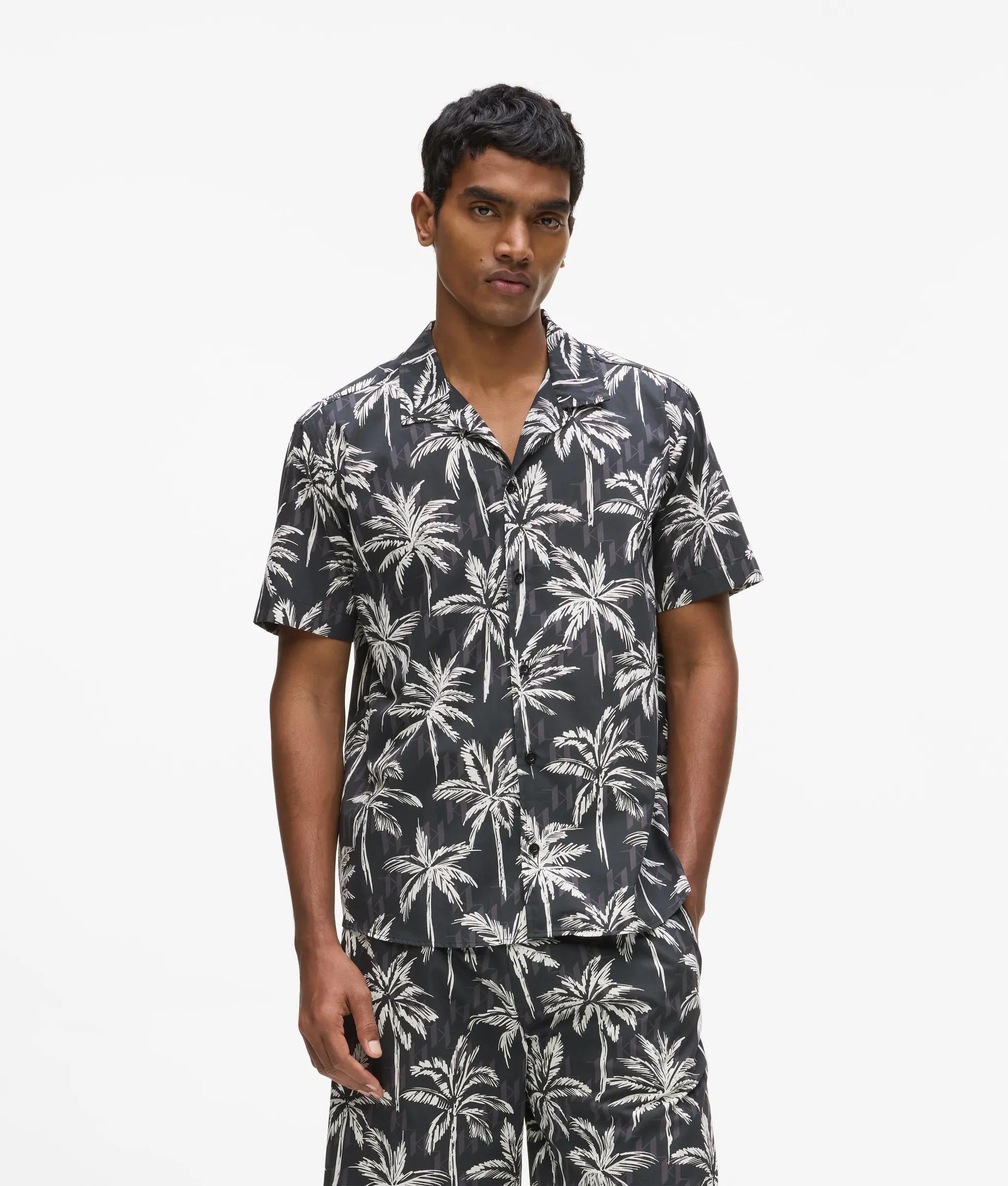 Karl Lagerfeld Palm-Print Short-Sleeved Shirt Black