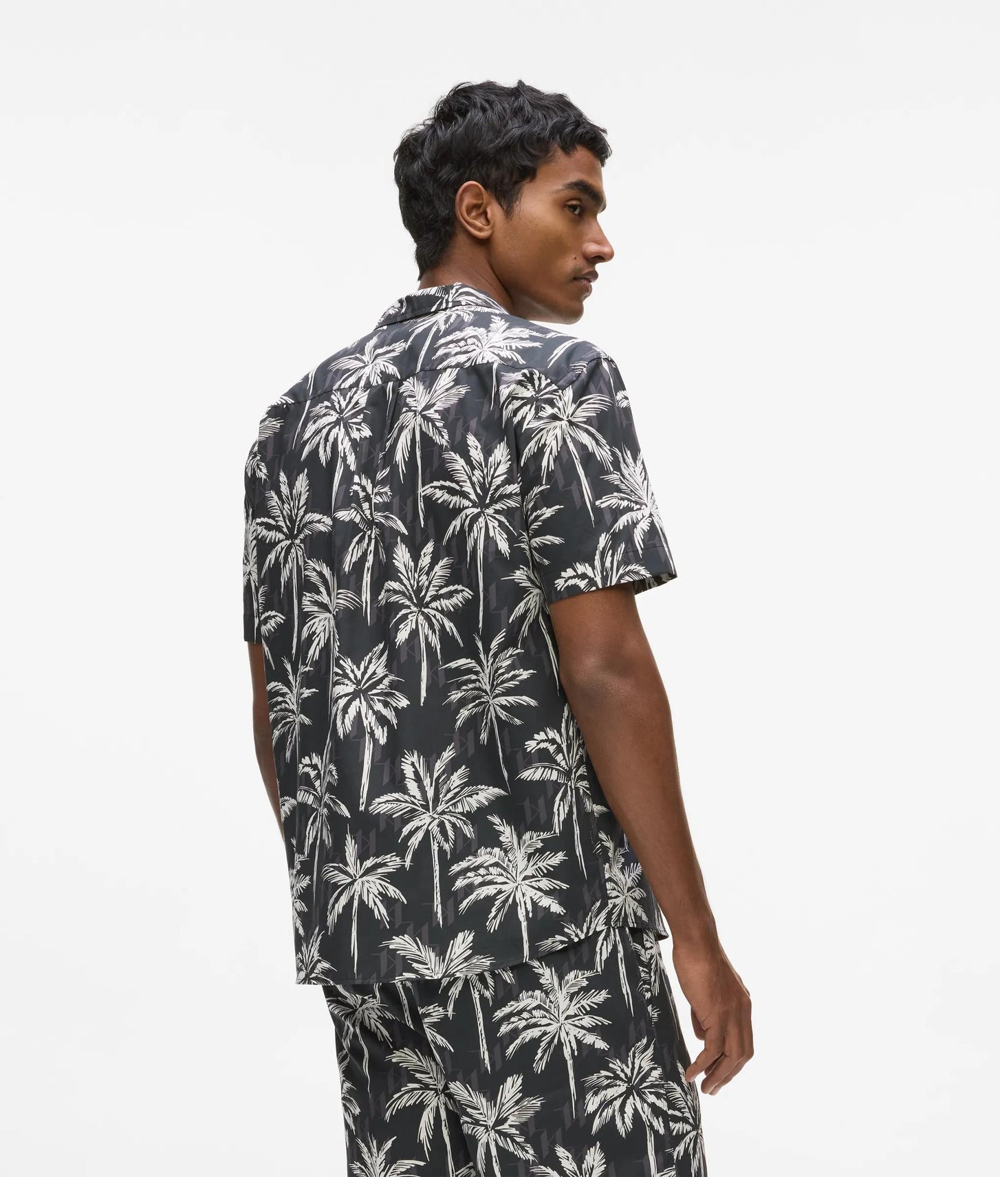 Karl Lagerfeld Palm-Print Short-Sleeved Shirt Black