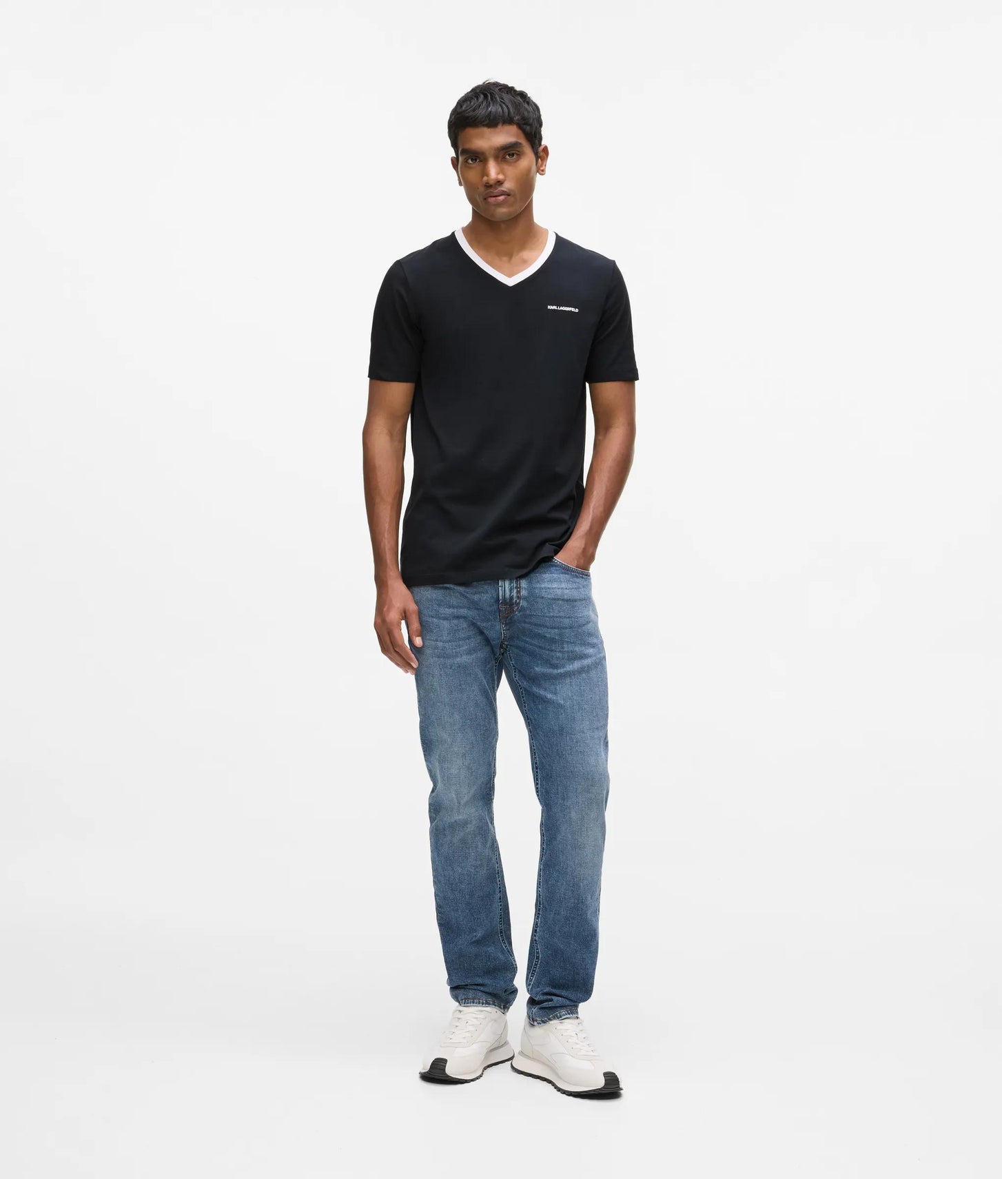Karl Lagerfeld Contrast V-Neck T-Shirt Black